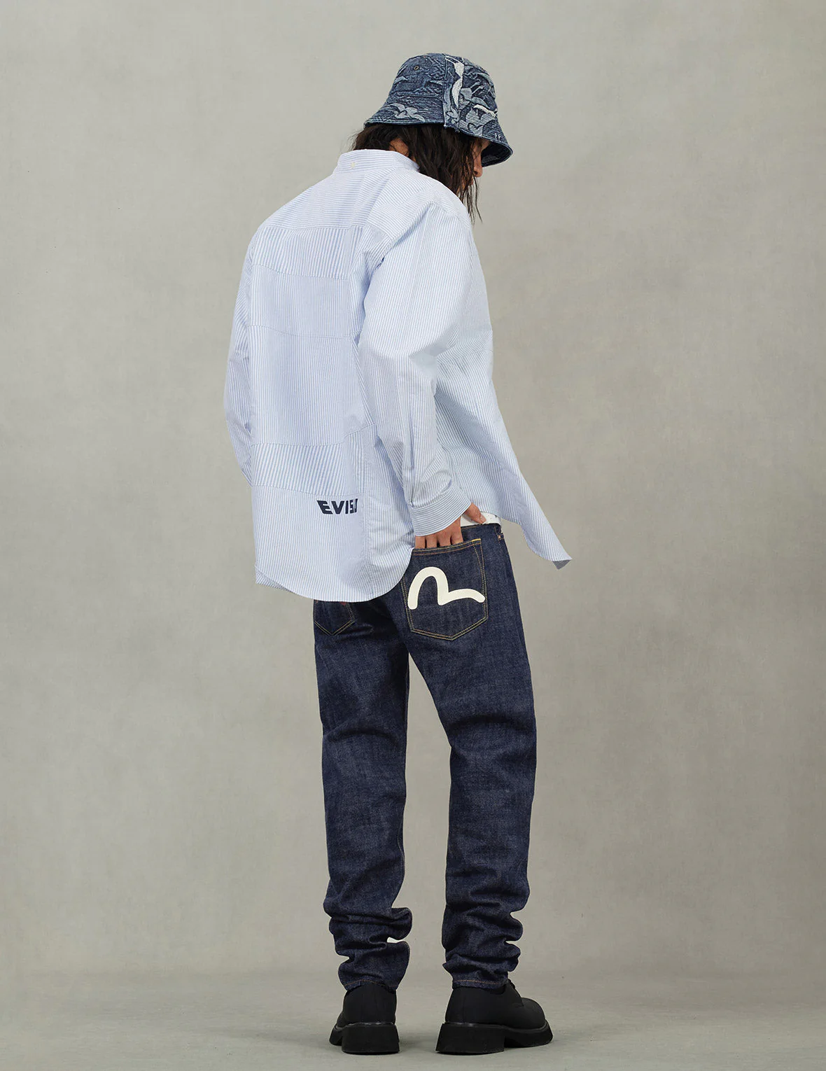Deconstructed Seagull Embroidery Relax Fit Striped Shirt - Image 4