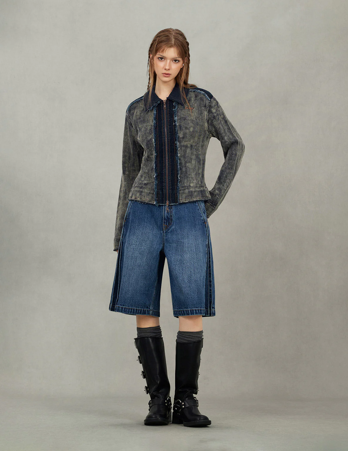Denim Panelled Fashion Fit Zip-Up Cardigan - Image 5