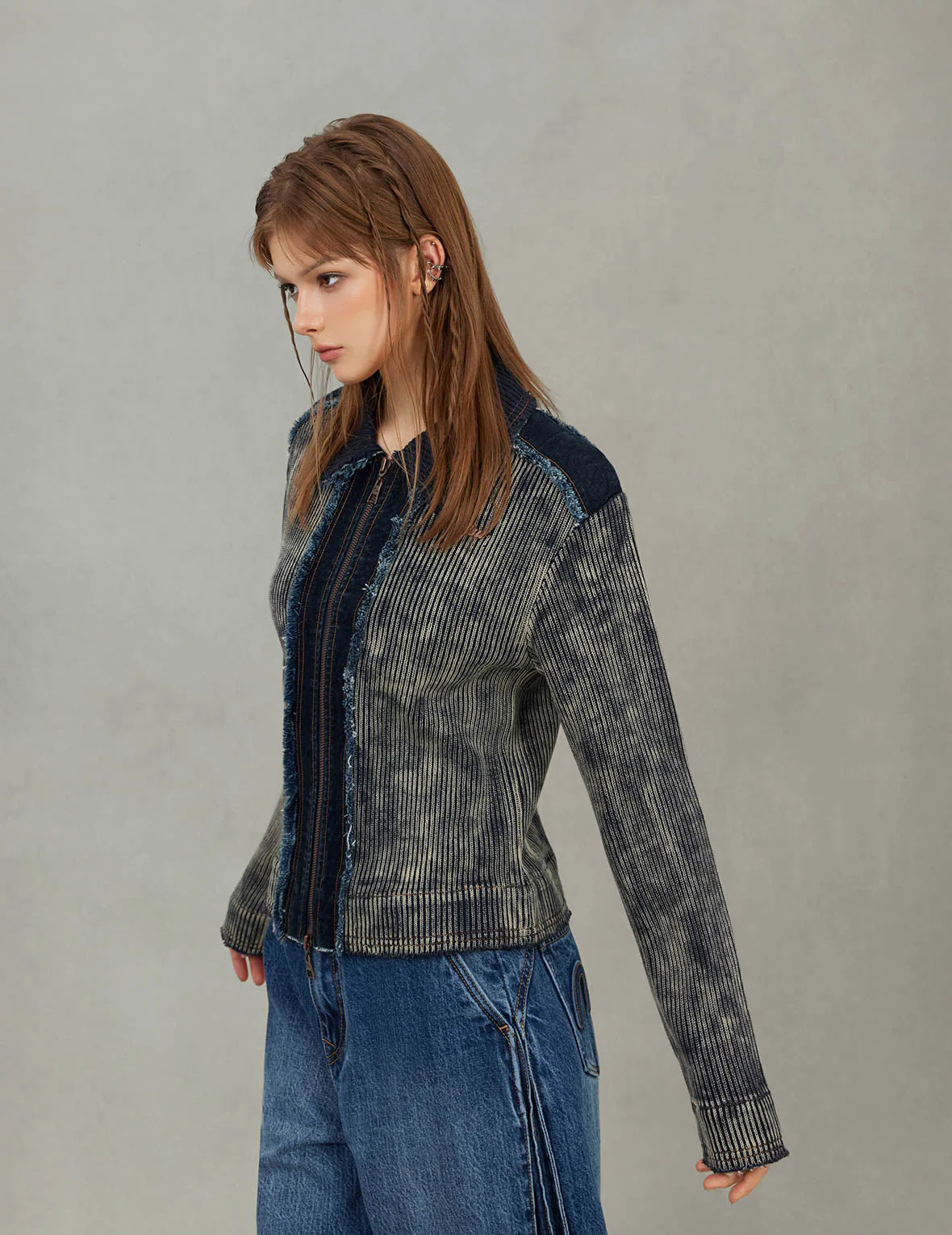 Denim Panelled Fashion Fit Zip-Up Cardigan - Image 7