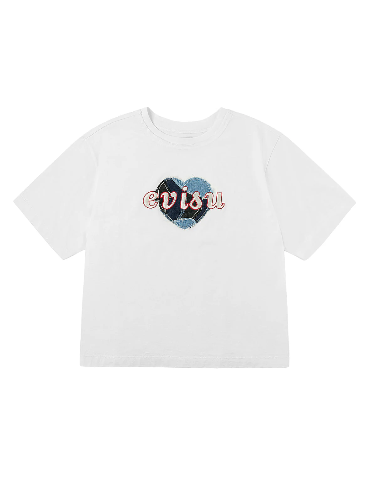 Denim Patchwork Heart and Logo Embroidery Drop Shoulder T-Shirt - Image 11