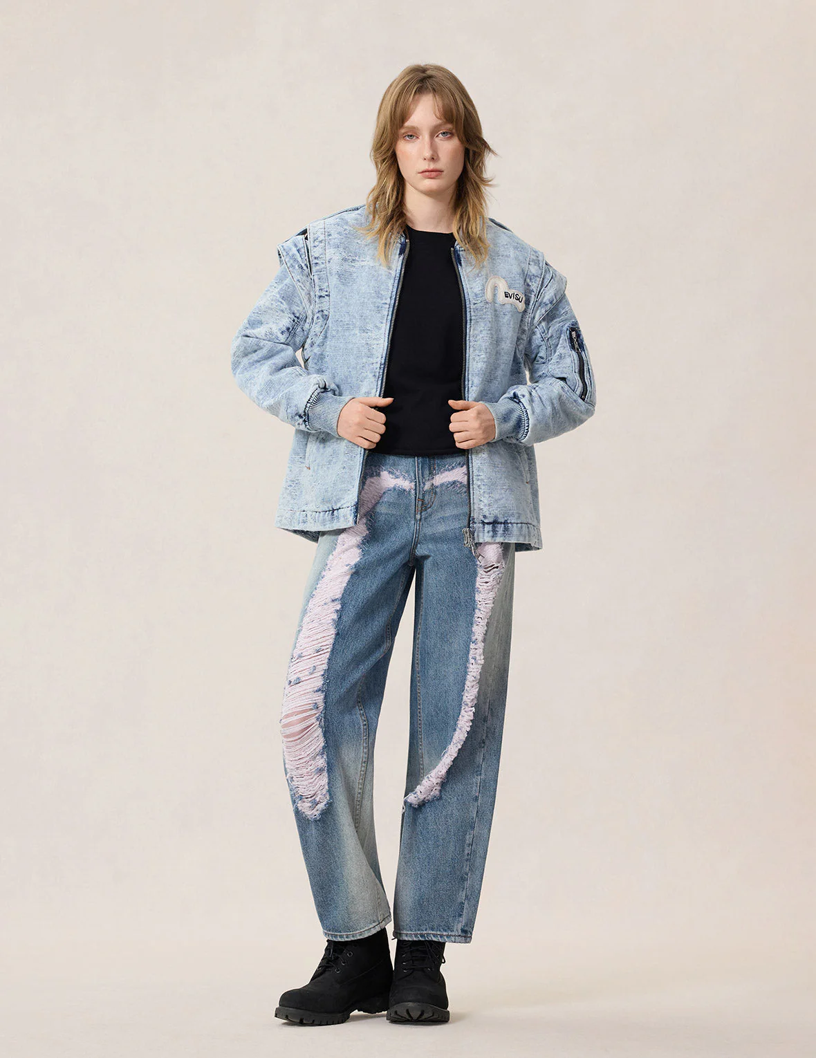 Detachable Distressed Denim Bomber Jacket - Image 5