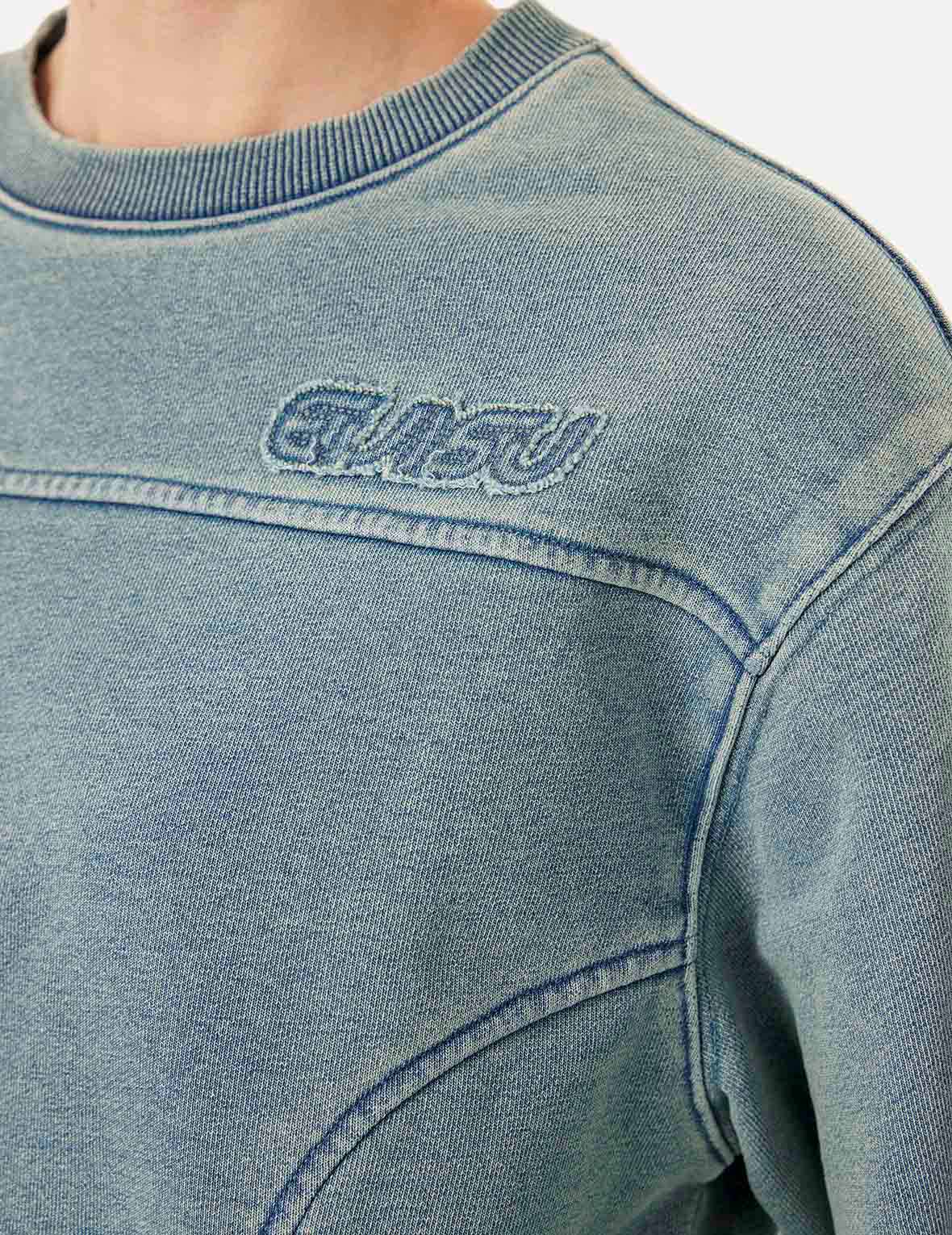 Distressed Appliqué Embroidery Washed Fashion Fit Cropped Sweatshirt - Image 7