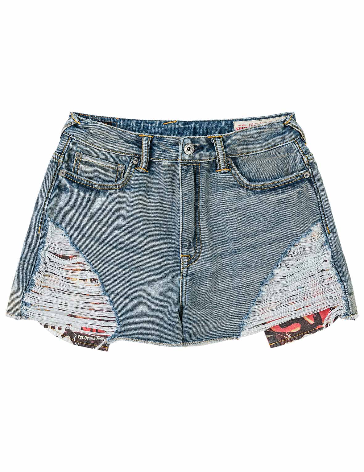Distressed Denim Shorts with Printed Pocket Lining - Image 13