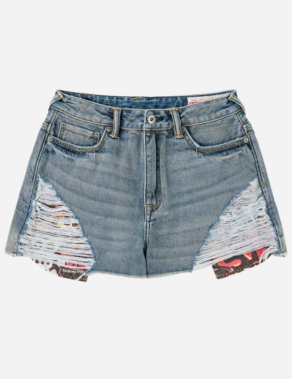 Distressed Denim Shorts with Printed Pocket Lining - Image 3