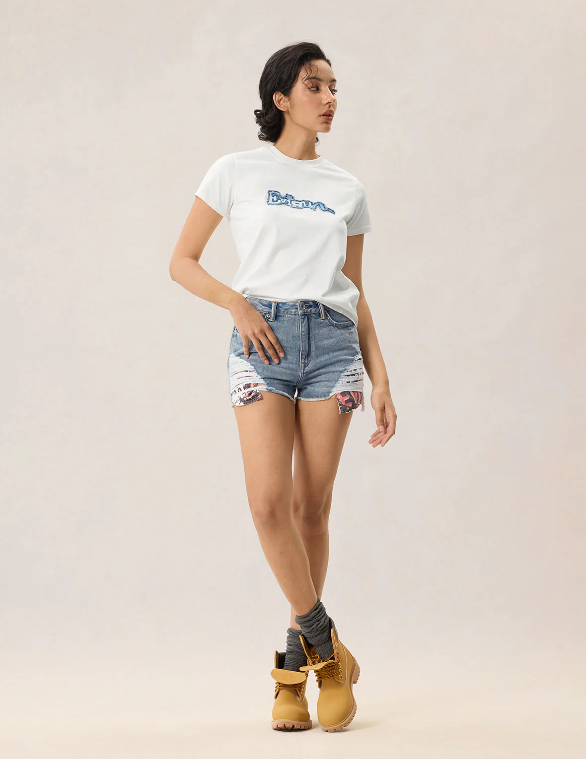Distressed Denim Shorts with Printed Pocket Lining - Image 5