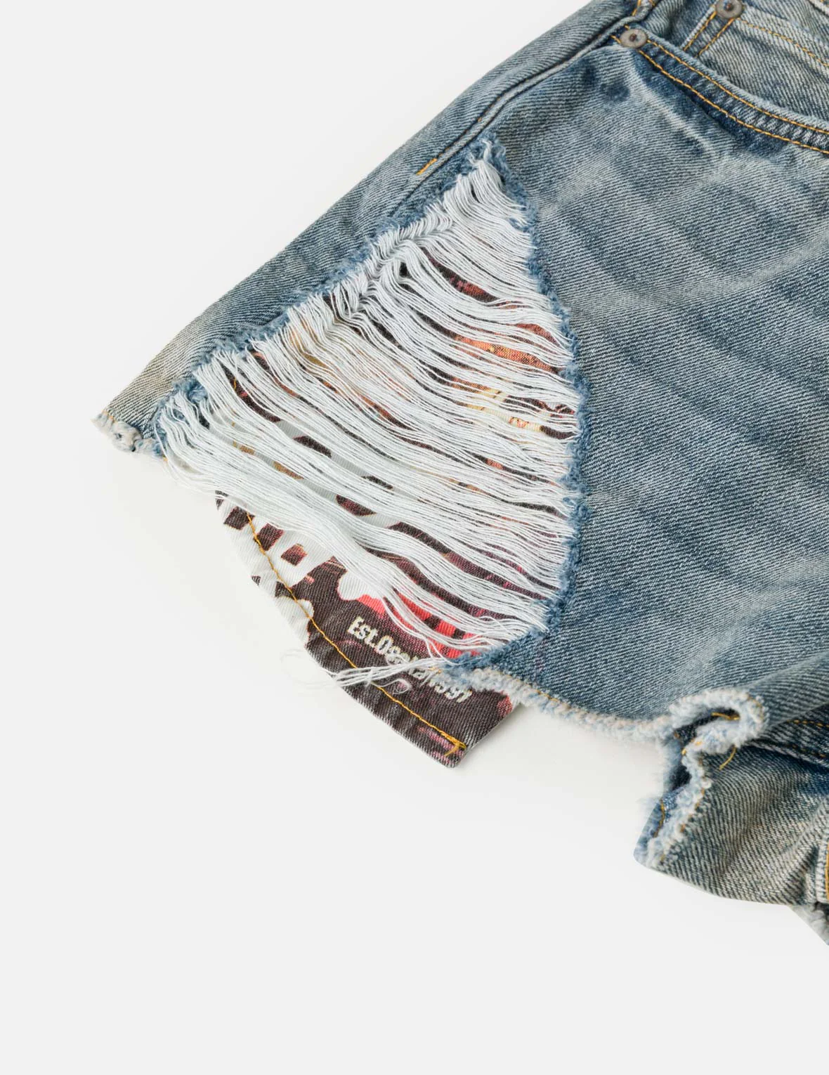Distressed Denim Shorts with Printed Pocket Lining - Image 8