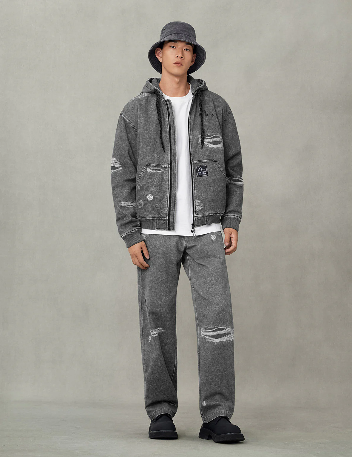 Distressed Print with Logo Embroidery Loose Fit Padded Boomer Jacket - Image 5