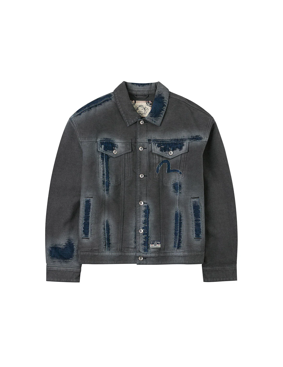 Distressed Seagull and Logo Print Relax Fit Washed Denim Jacket - Image 16