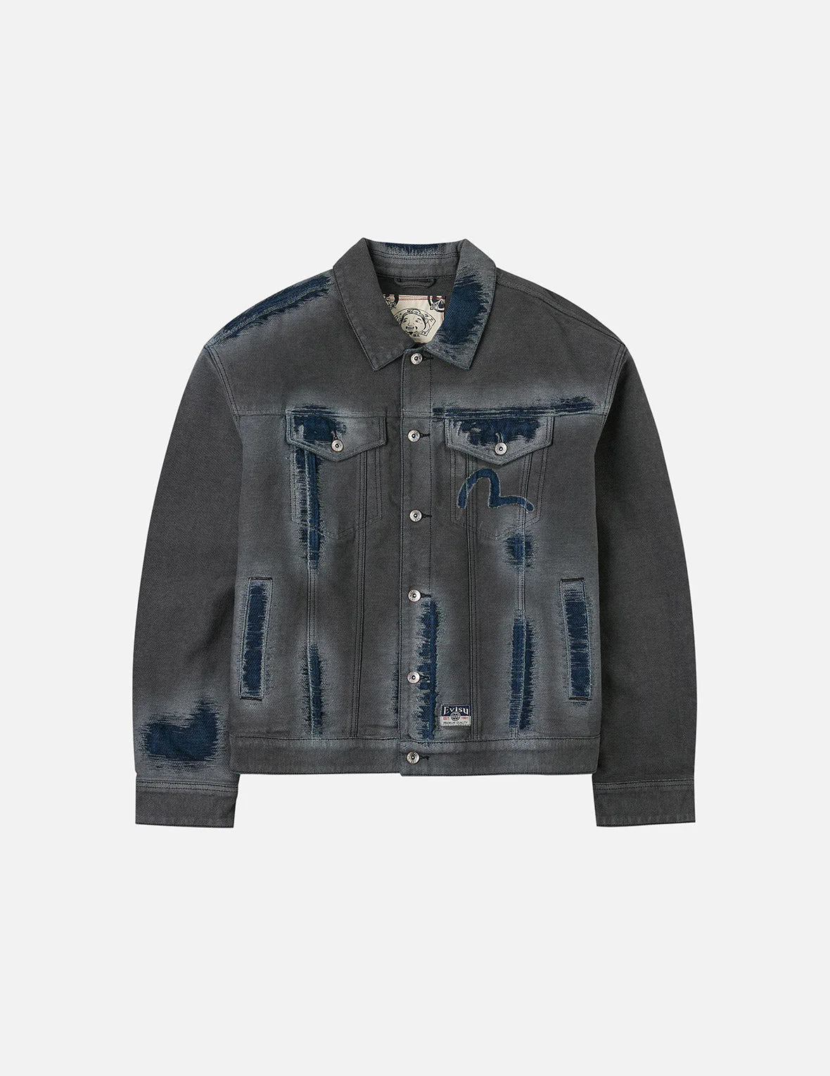 Distressed Seagull and Logo Print Relax Fit Washed Denim Jacket - Image 3
