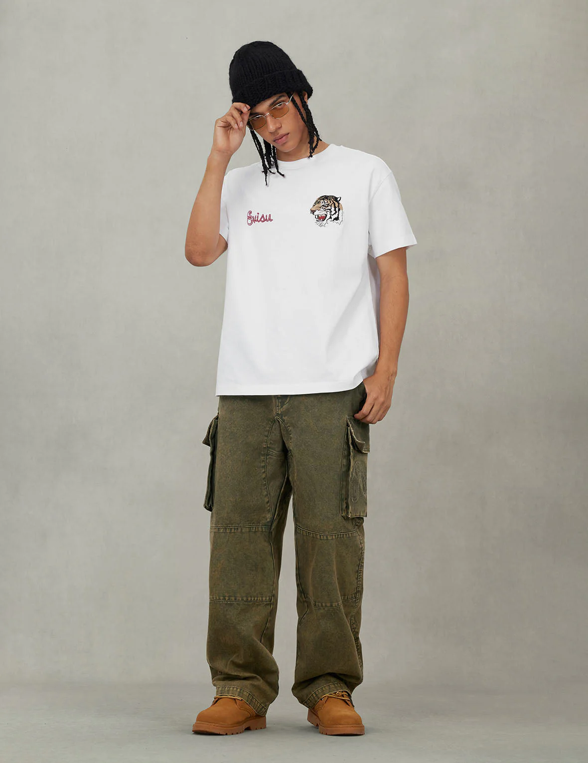 Distressed Seagull Appliqué Embroidery and Multi-Pocket Loose Fit Cargo Pants - Image 9