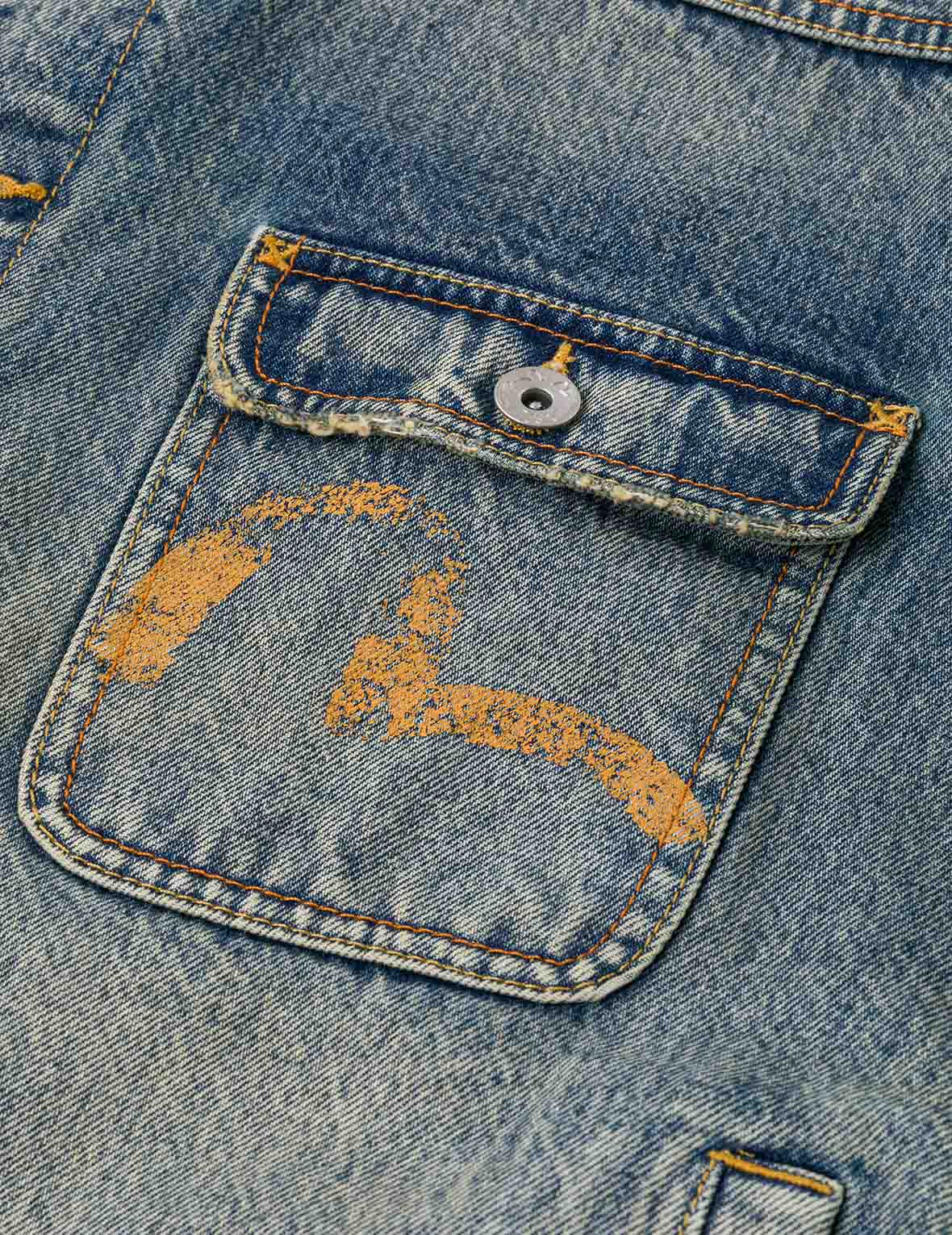 Distressed Seagull Print and Frayed Logo Patch Embroidery Relax Fit Denim Jacket - Image 13