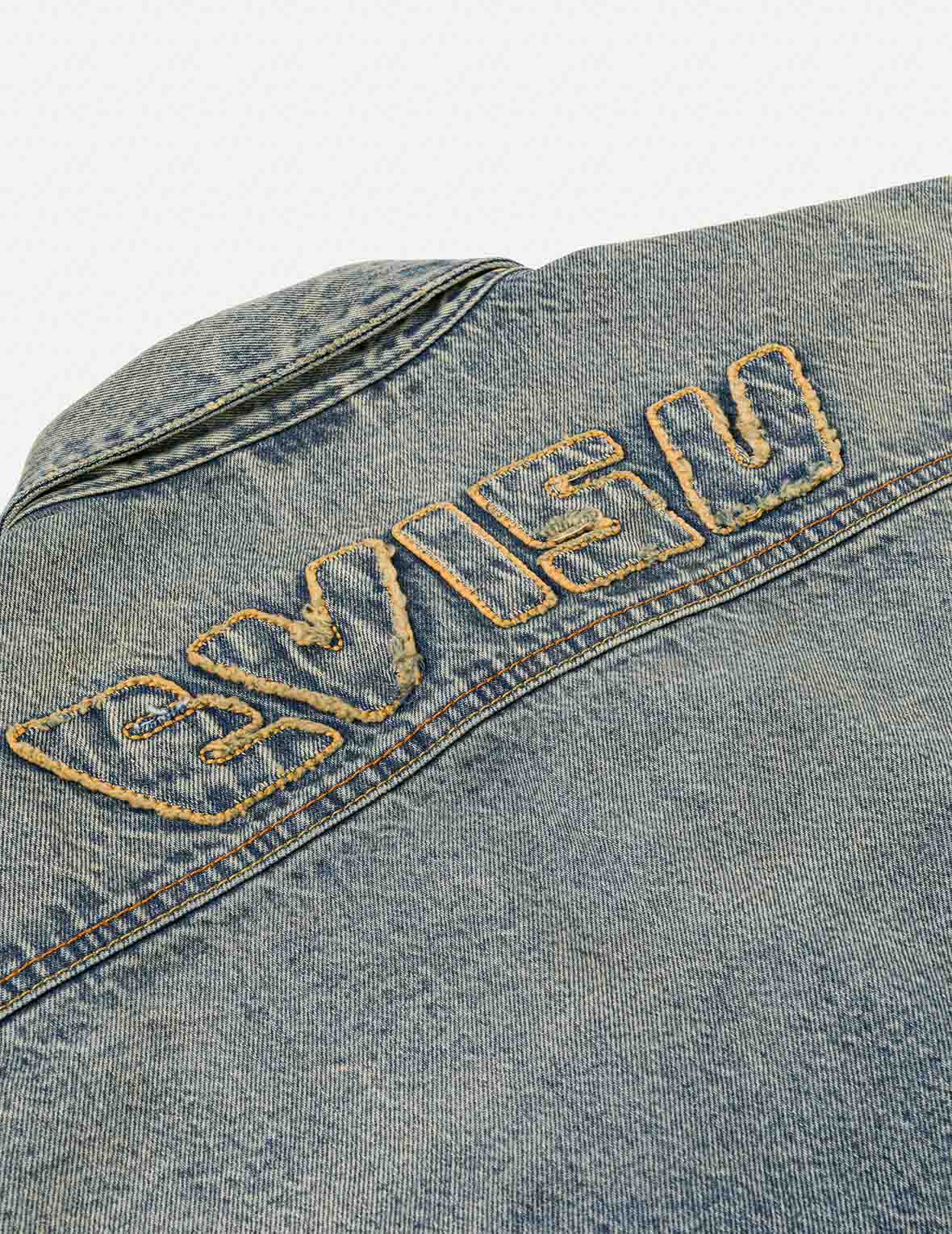 Distressed Seagull Print and Frayed Logo Patch Embroidery Relax Fit Denim Jacket - Image 15