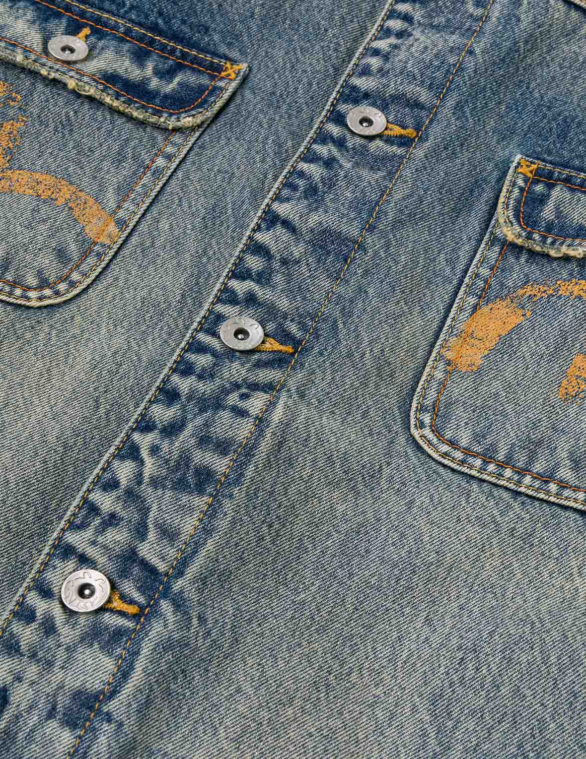 Distressed Seagull Print and Frayed Logo Patch Embroidery Relax Fit Denim Jacket - Image 21
