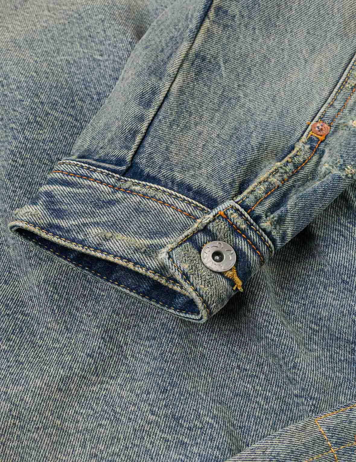 Distressed Seagull Print and Frayed Logo Patch Embroidery Relax Fit Denim Jacket - Image 31