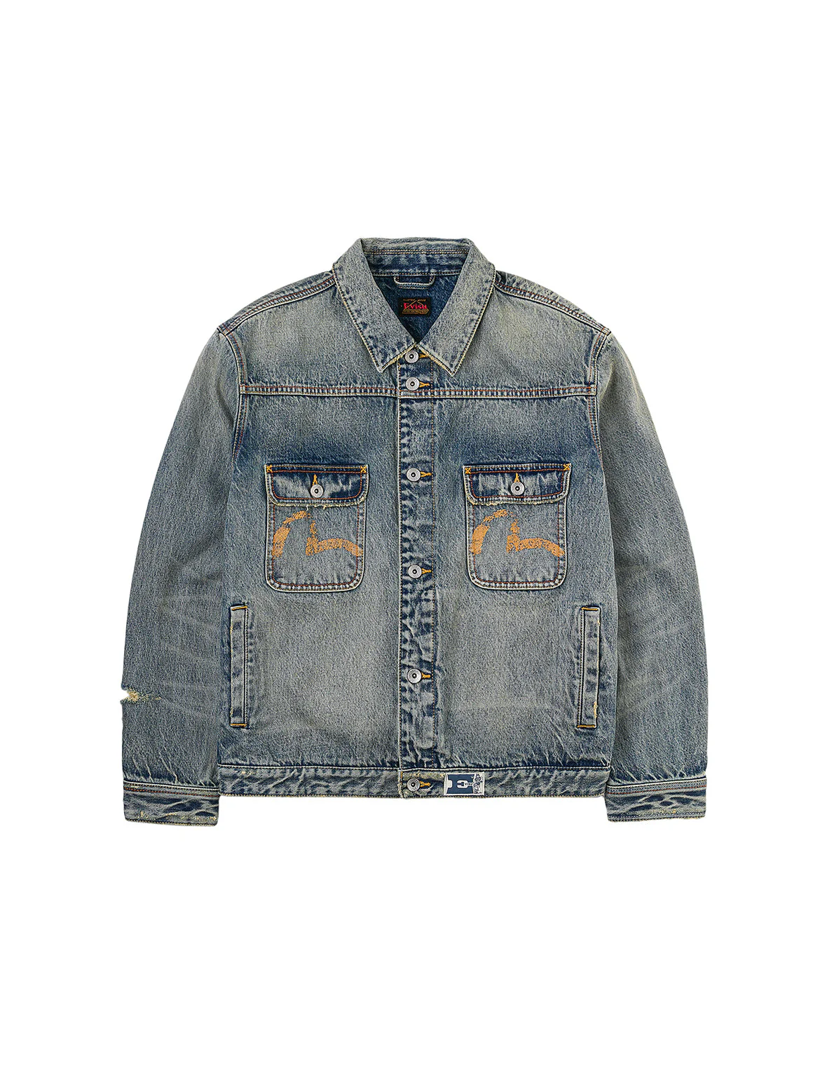 Distressed Seagull Print and Frayed Logo Patch Embroidery Relax Fit Denim Jacket - Image 32
