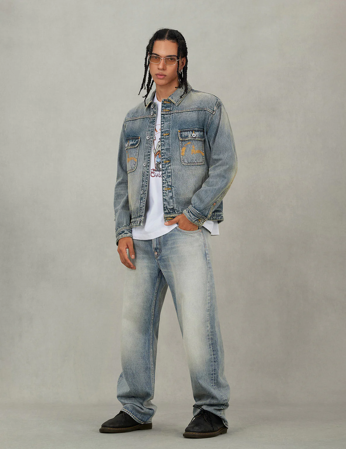 Distressed Seagull Print and Frayed Logo Patch Embroidery Relax Fit Denim Jacket - Image 9