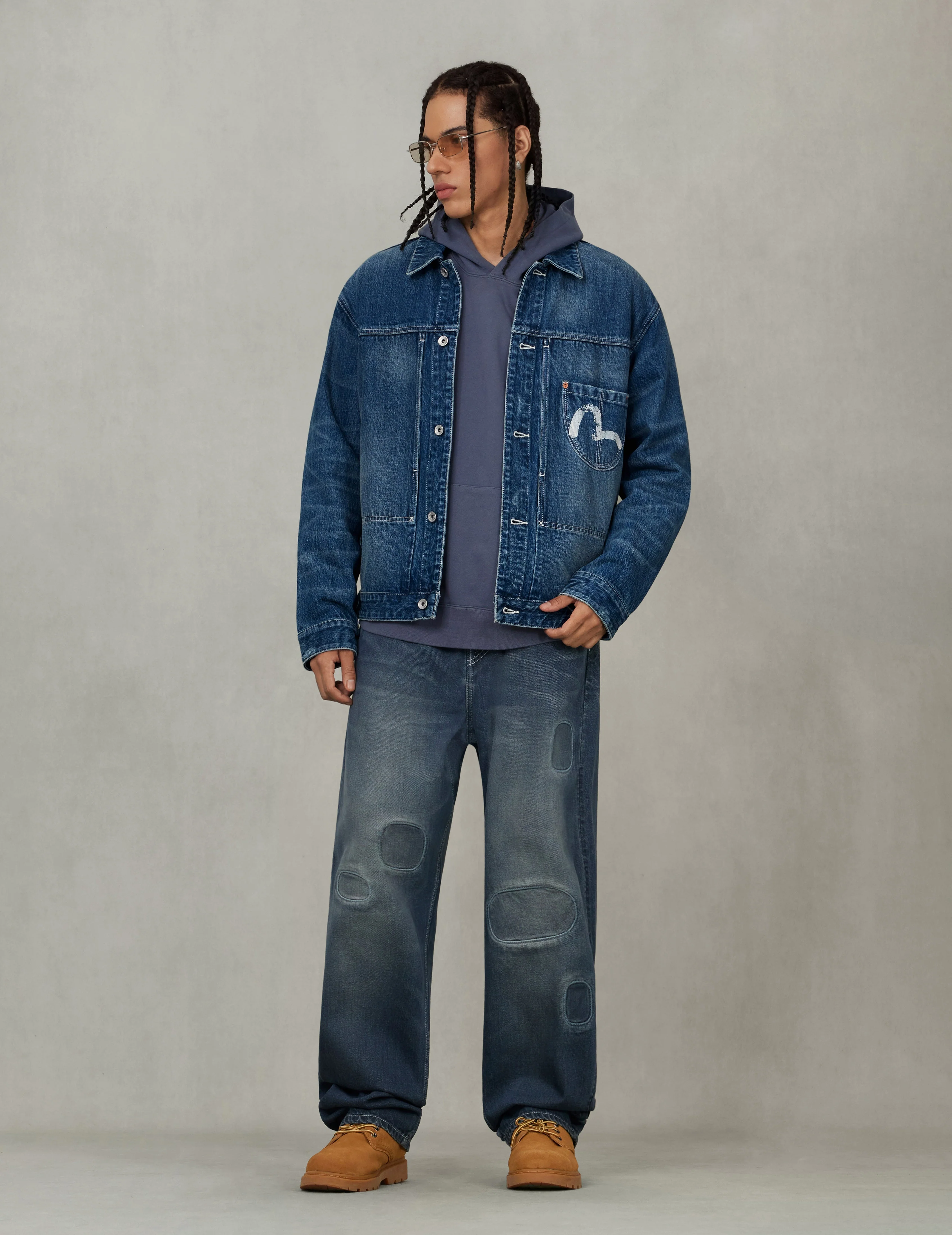 Distressed Seagull Print Relax Fit Vintage Washed Denim Jacket - Image 5