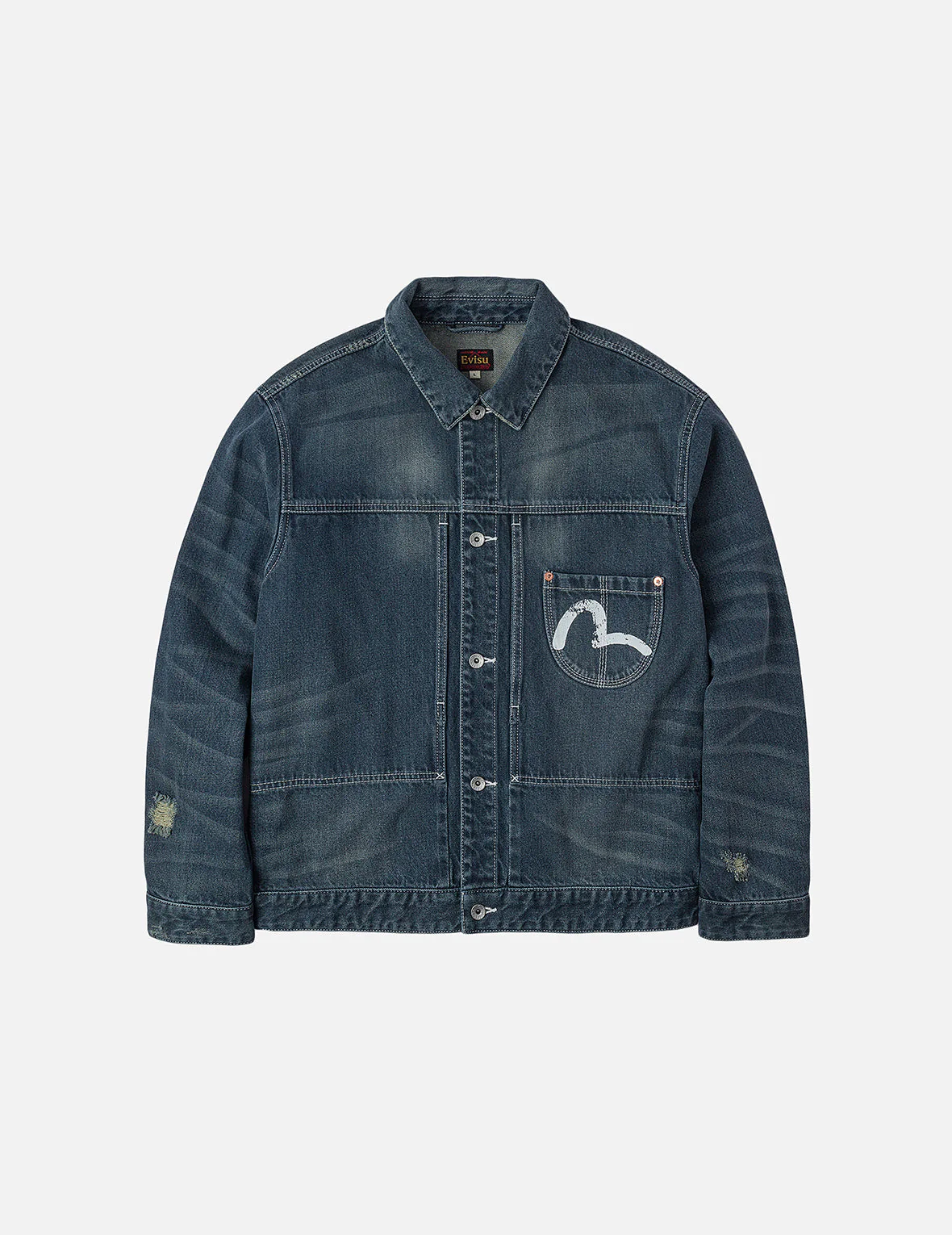 Distressed Seagull Print Relax Fit Washed Seagull Pocket Denim Jacket - Image 3
