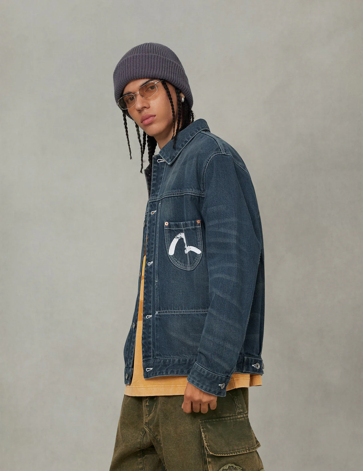 Distressed Seagull Print Relax Fit Washed Seagull Pocket Denim Jacket - Image 7