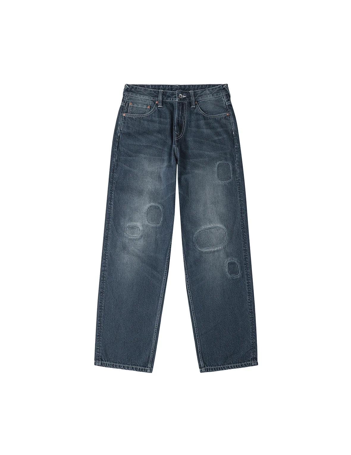 Distressed Seagull Print with Irregular Patches Loose Fit Denim Jeans - Image 2