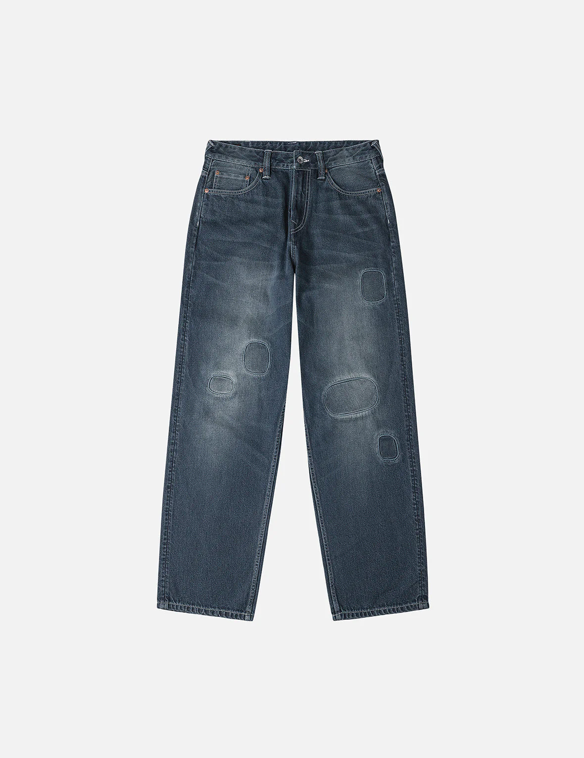 Distressed Seagull Print with Irregular Patches Loose Fit Denim Jeans - Image 4