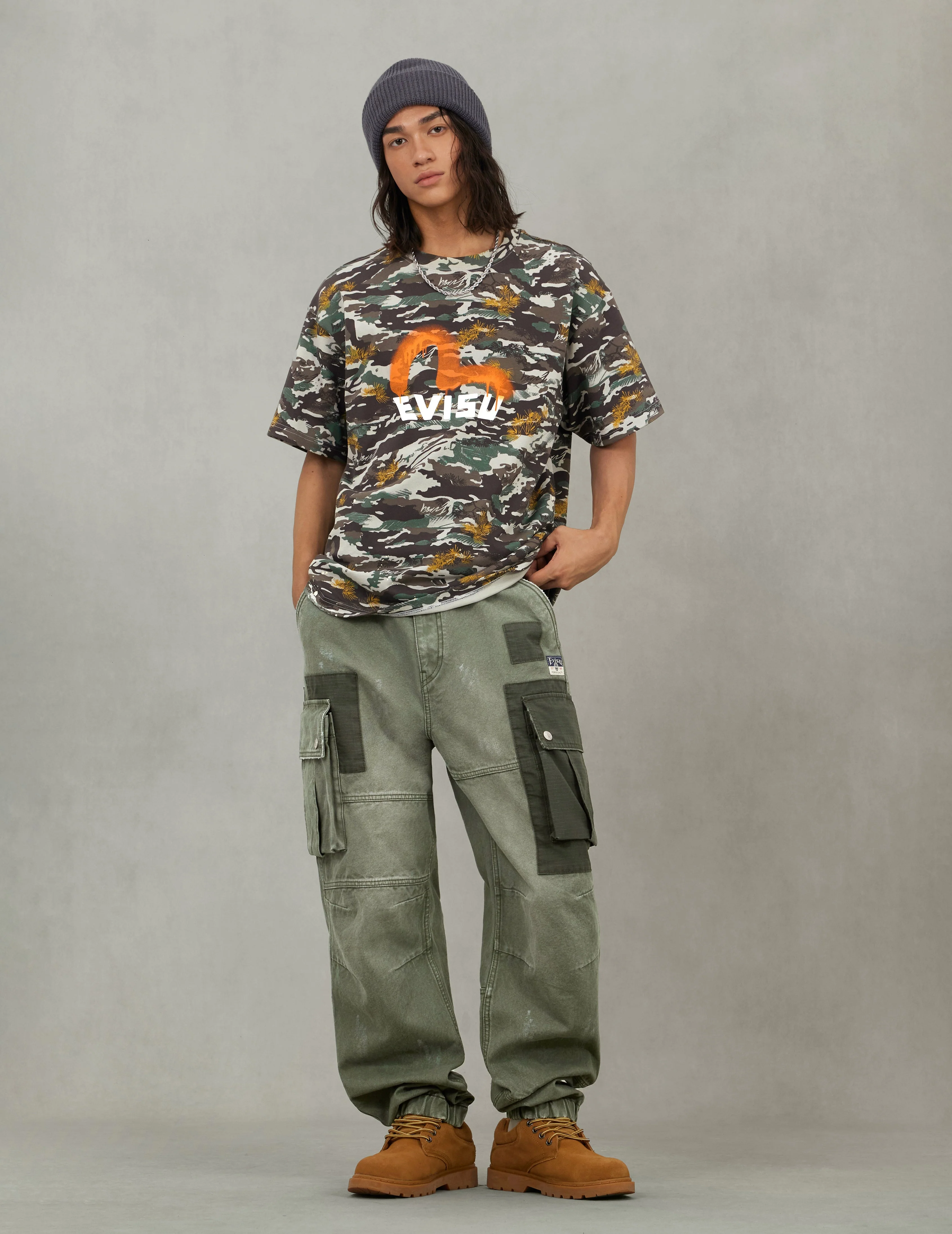 Dual Seagull Print Loose Fit Washed Woven Cargo Joggers - Image 10