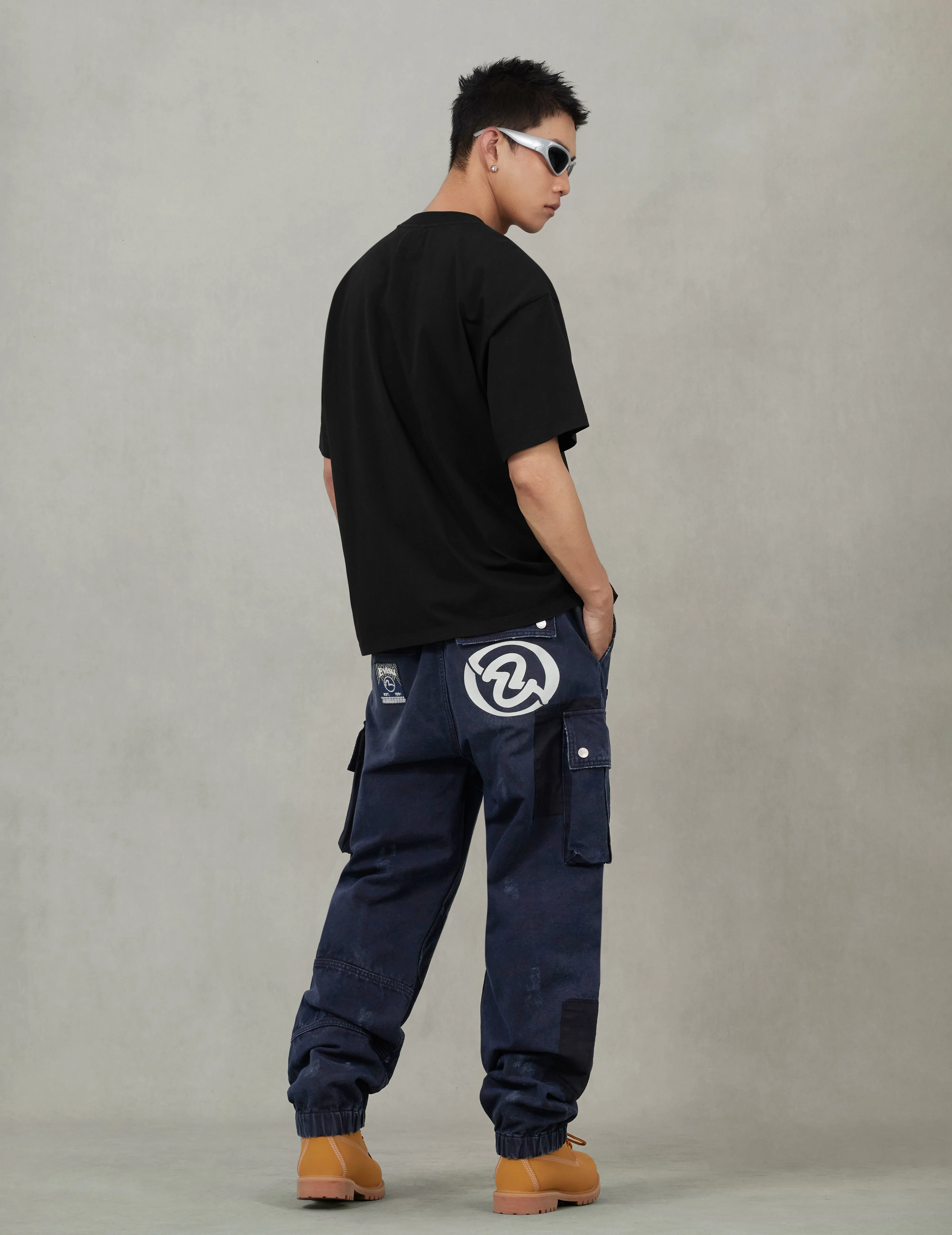 Dual Seagull Print Loose Fit Washed Woven Cargo Joggers - Image 11