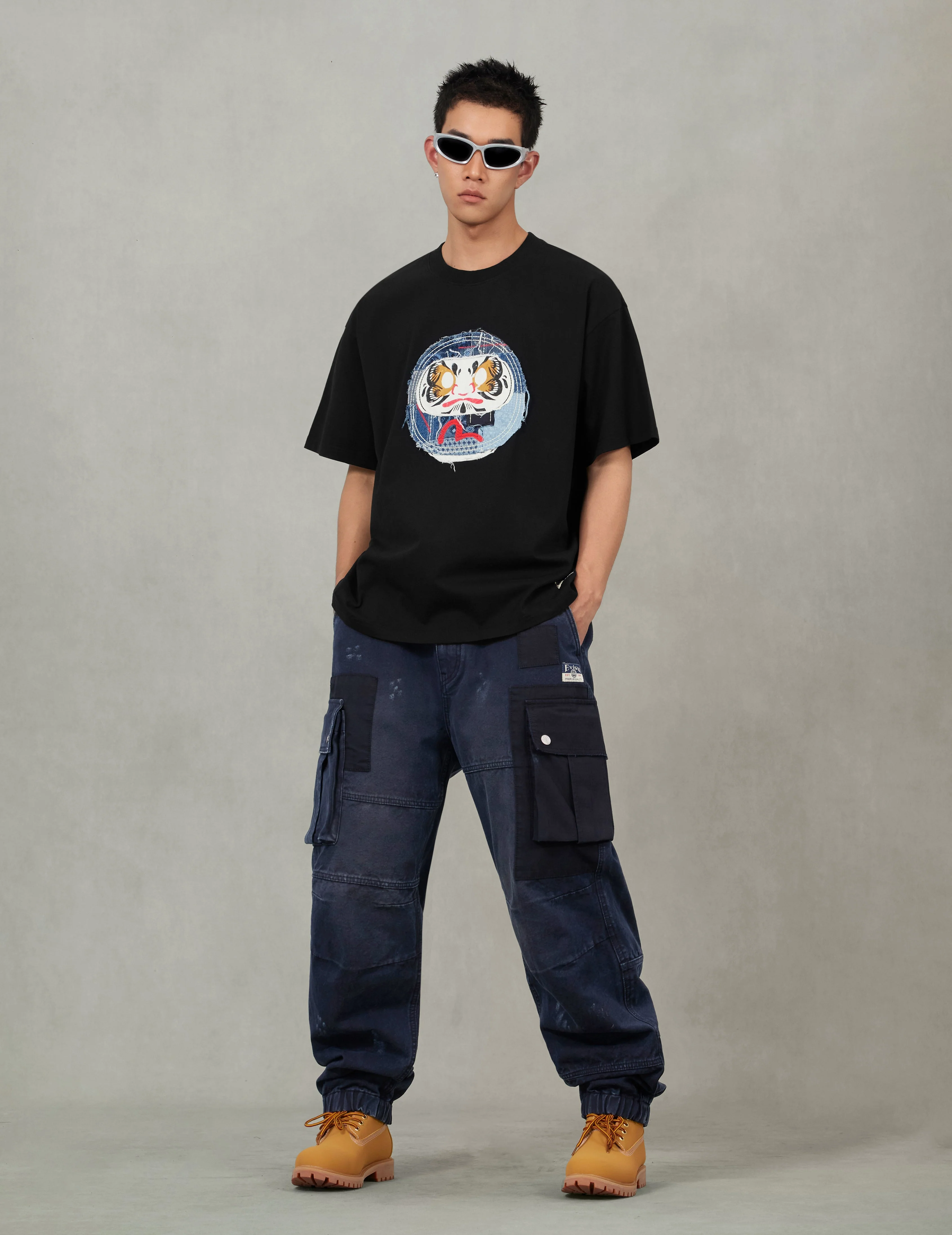 Dual Seagull Print Loose Fit Washed Woven Cargo Joggers - Image 9