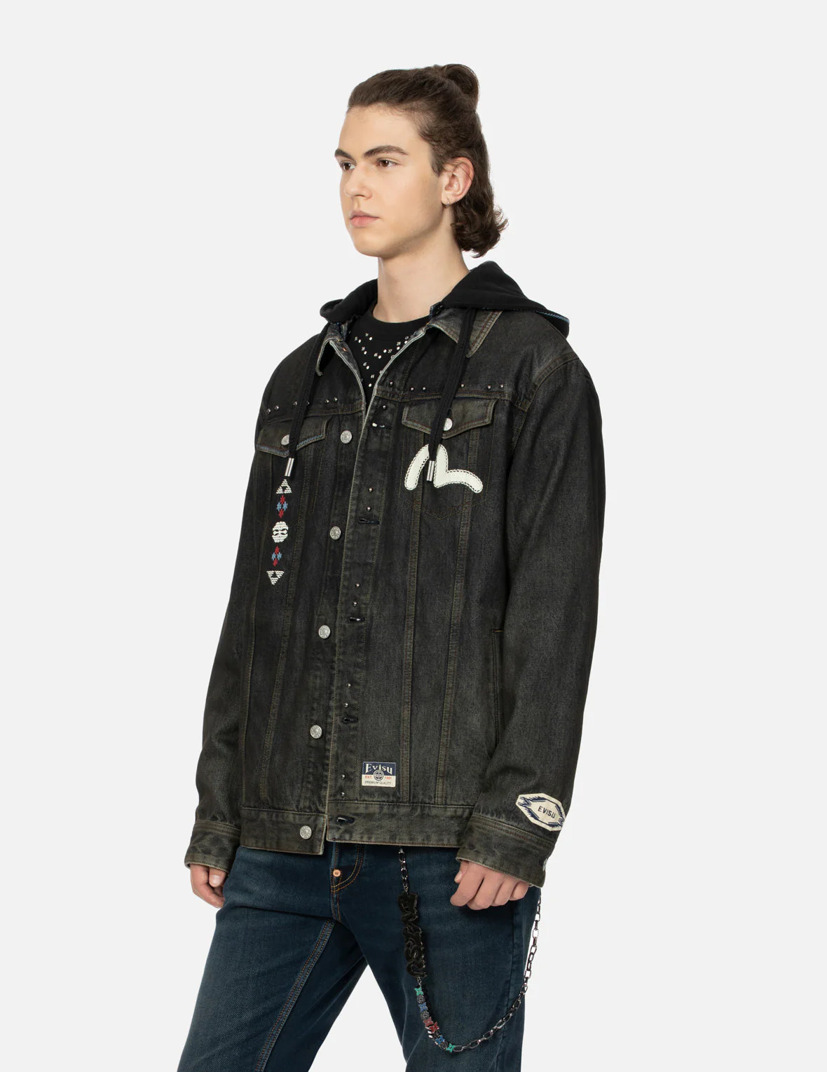Ethnic-inspired Wheel of Wisdom Print and Embroidery Relax Fit Denim Jacket - Image 8