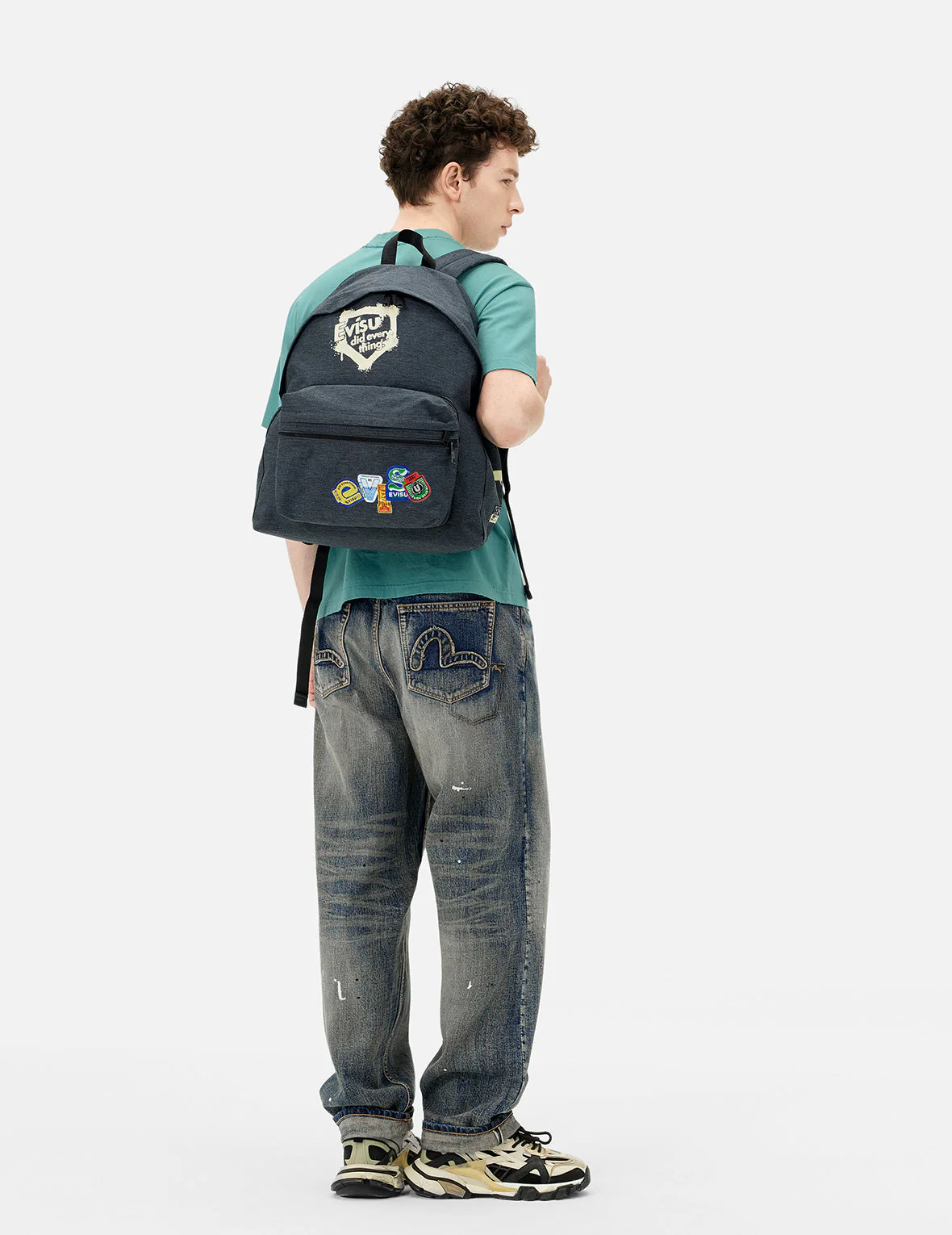 Faux Sticker Logo Print Denim Backpack - Image 3