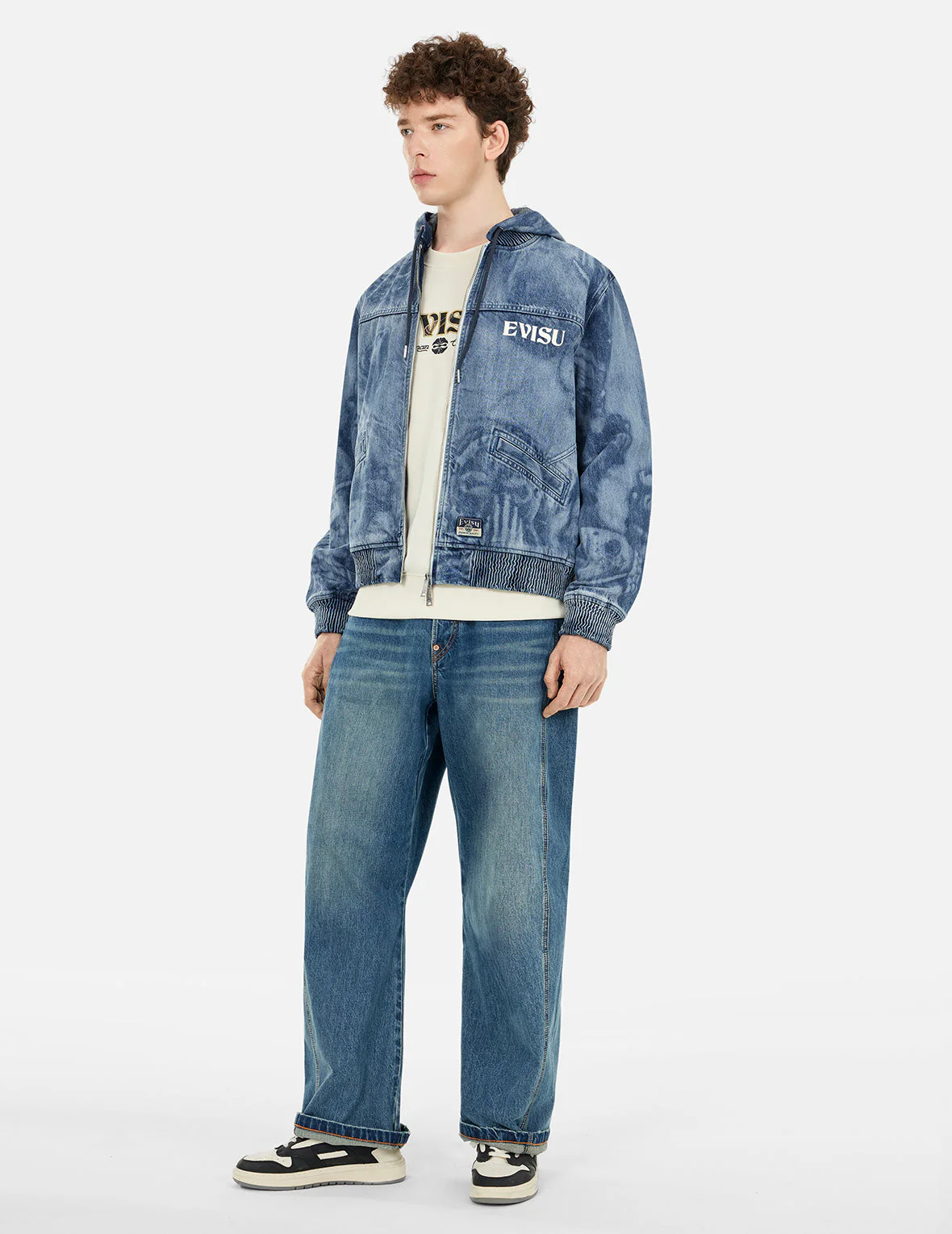 Fisherman Godhead Laser Print Loose Fit Hooded Denim Jacket - Image 3