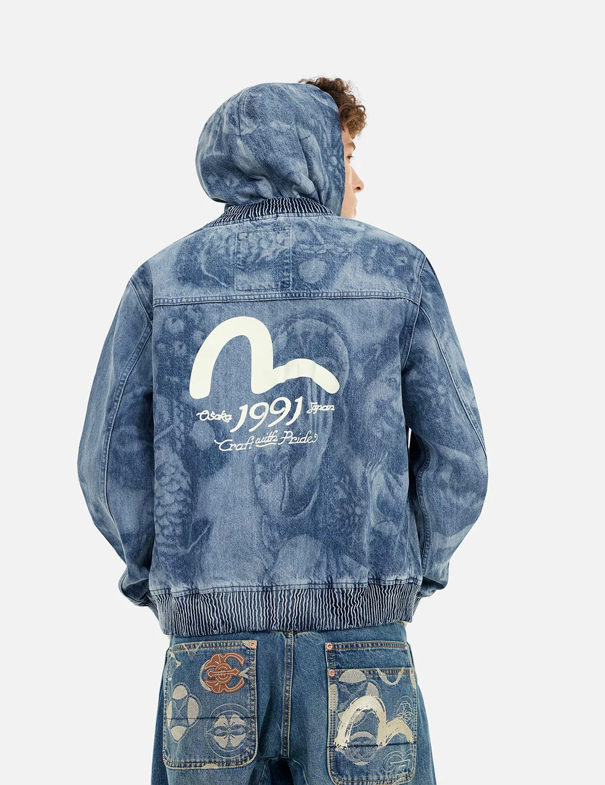 Fisherman Godhead Laser Print Loose Fit Hooded Denim Jacket - Image 5