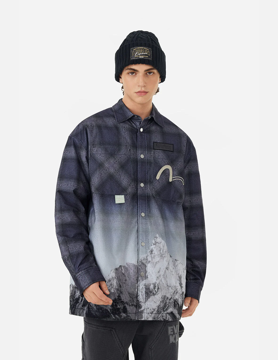 Flannel Check with Snow Mountian Print Relax Fit Shirt Jacket - Image 5