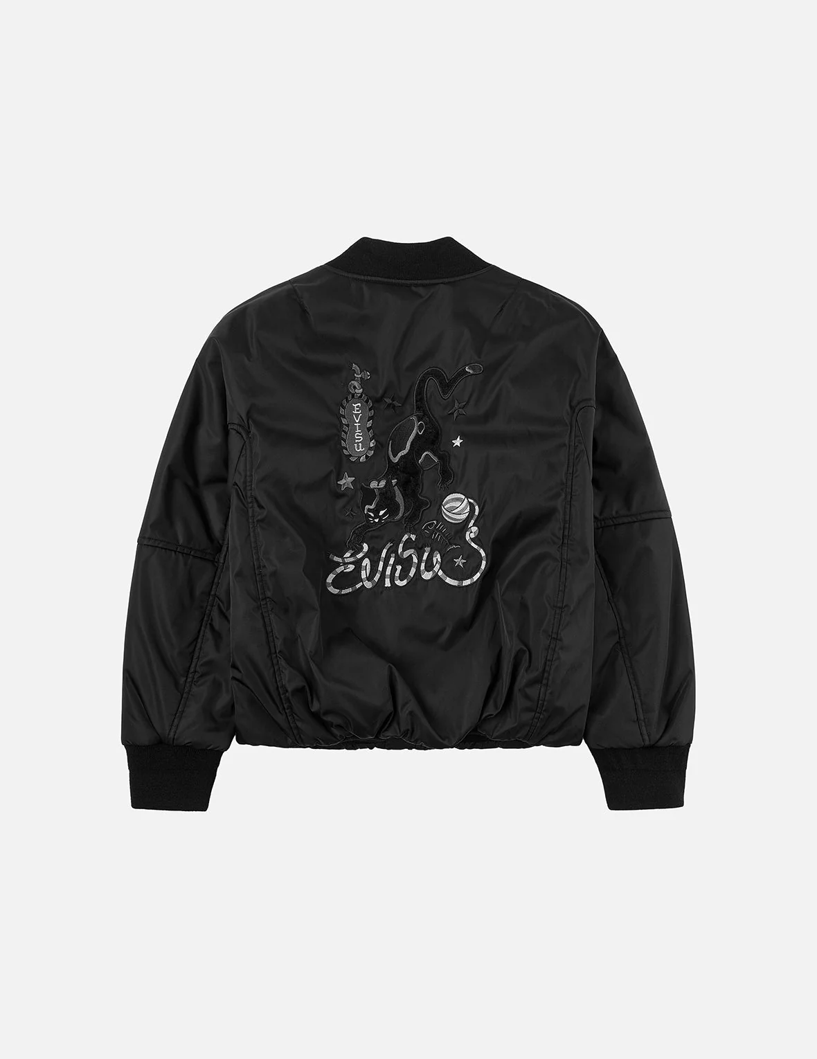 Fuzzy Cat Appliqué and Logo Embroidery Drop-Shoulder Bomber Jacket - Image 3