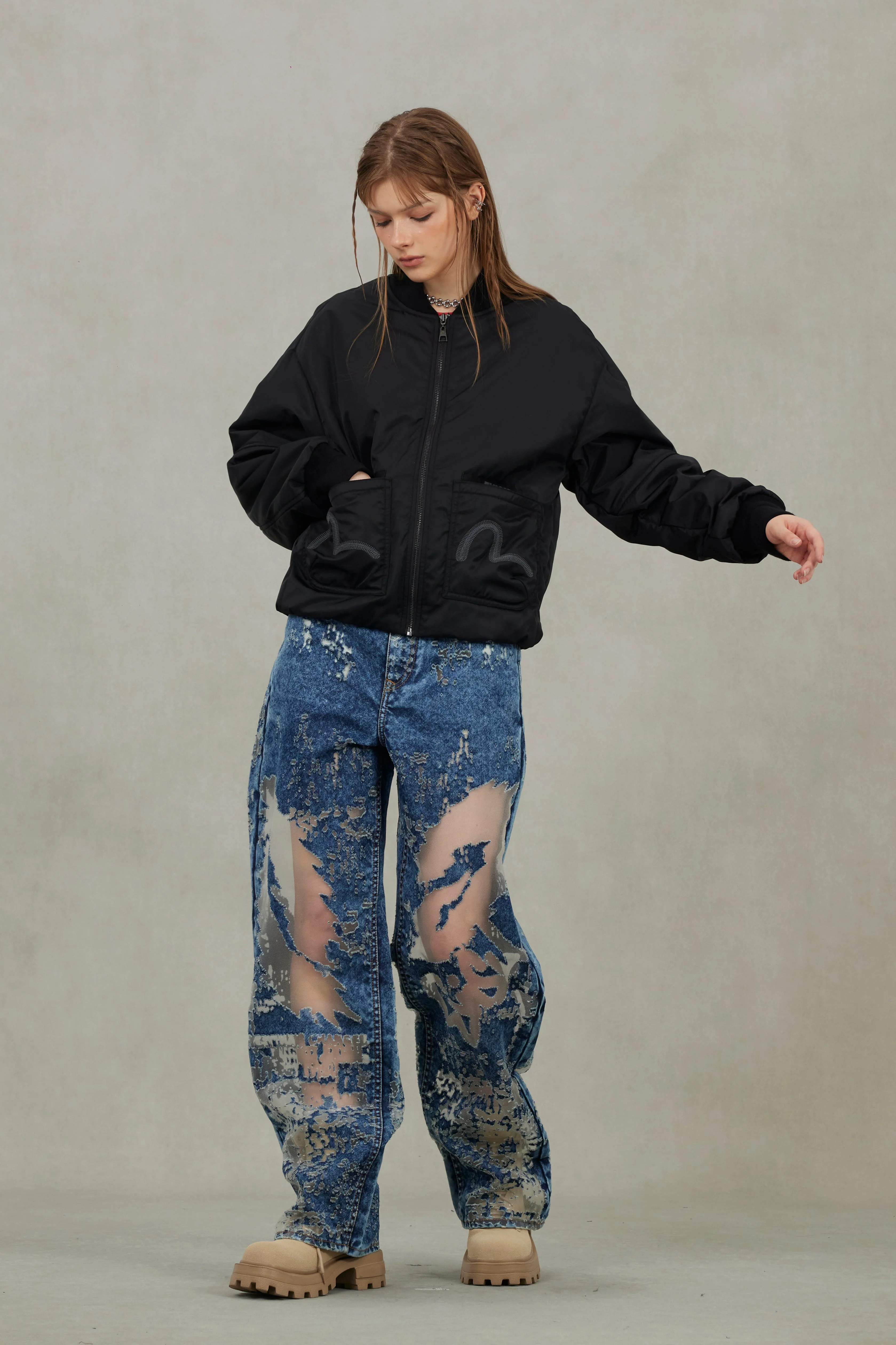 Fuzzy Cat Appliqué and Logo Embroidery Drop-Shoulder Bomber Jacket - Image 5