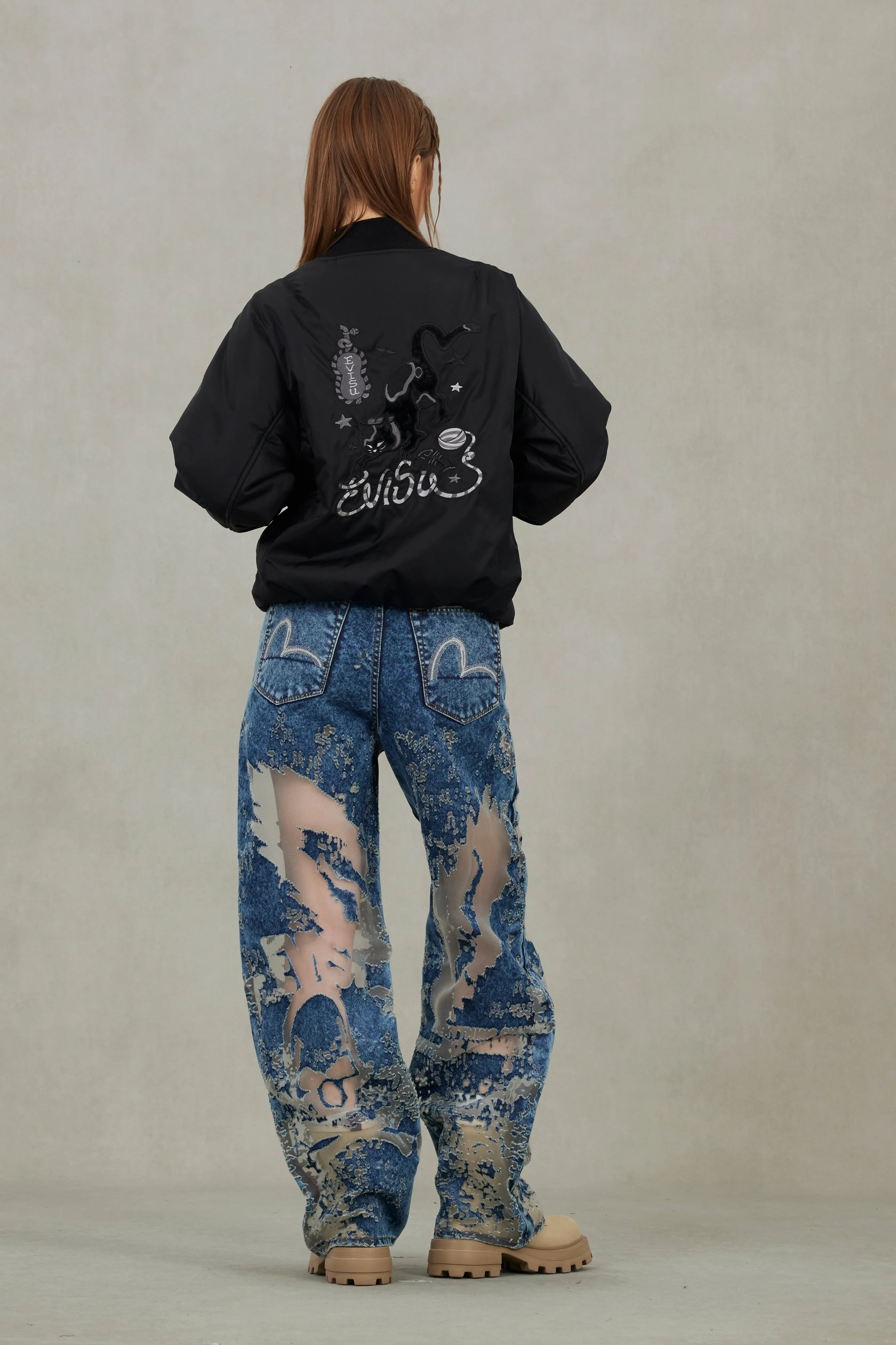 Fuzzy Cat Appliqué and Logo Embroidery Drop-Shoulder Bomber Jacket - Image 6