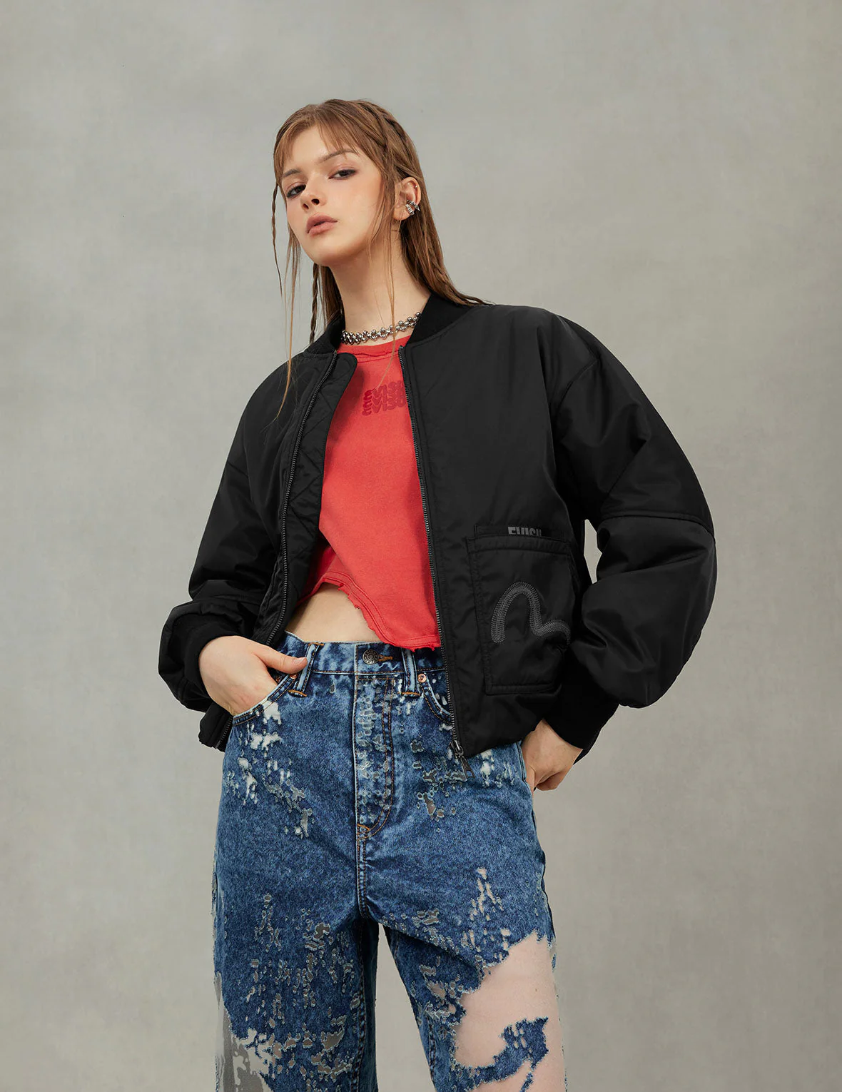 Fuzzy Cat Appliqué and Logo Embroidery Drop-Shoulder Bomber Jacket - Image 7