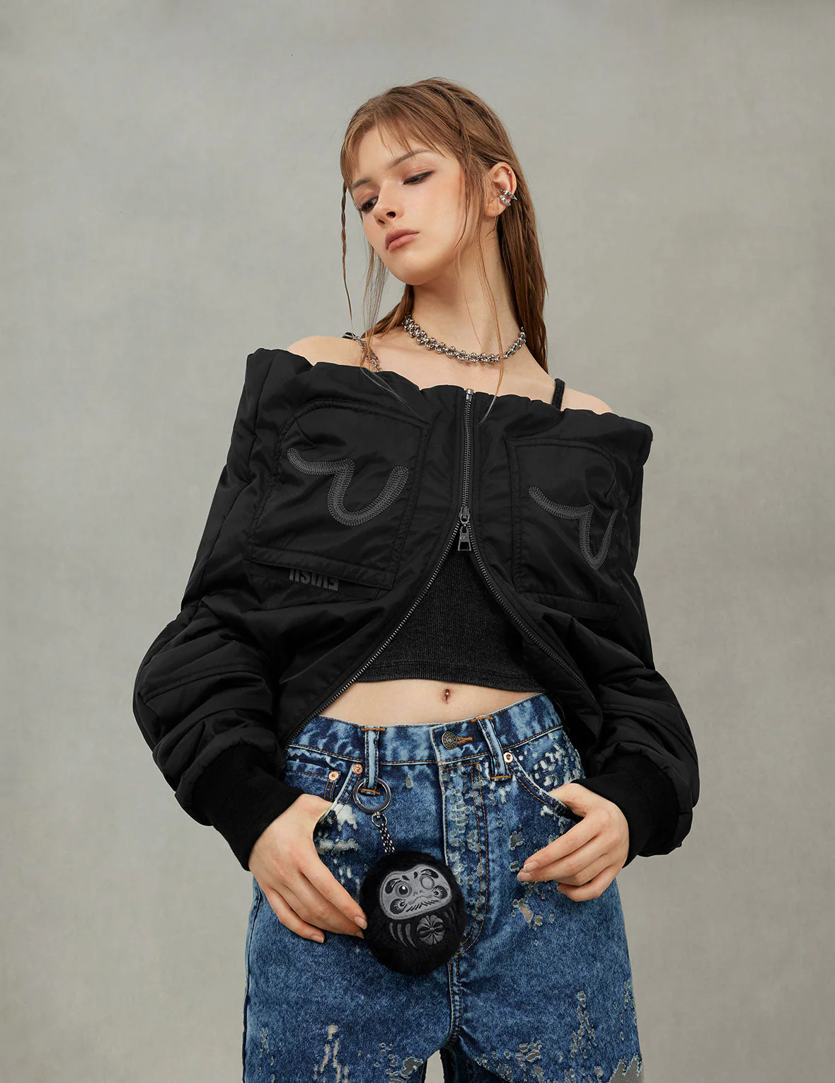 Fuzzy Cat Appliqué and Logo Embroidery Drop-Shoulder Bomber Jacket - Image 8