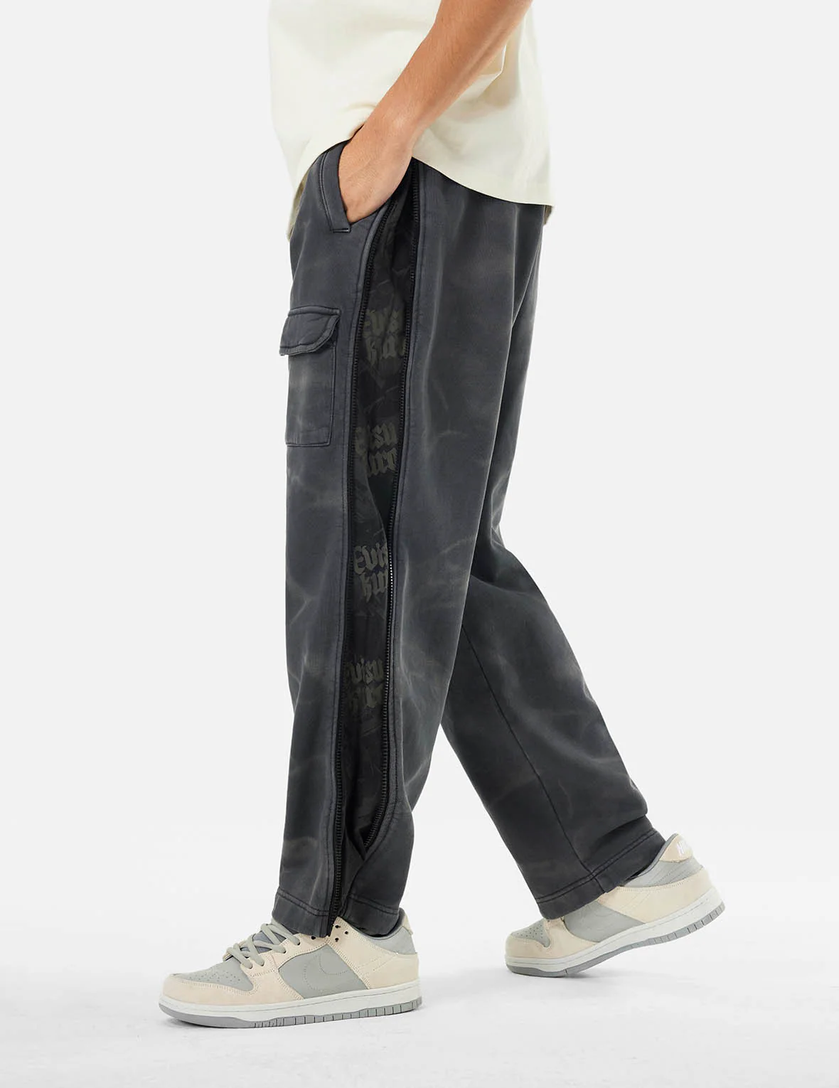 Garment Dyed Logo Print Side Zip Relax Fit Sweatpants - Image 7