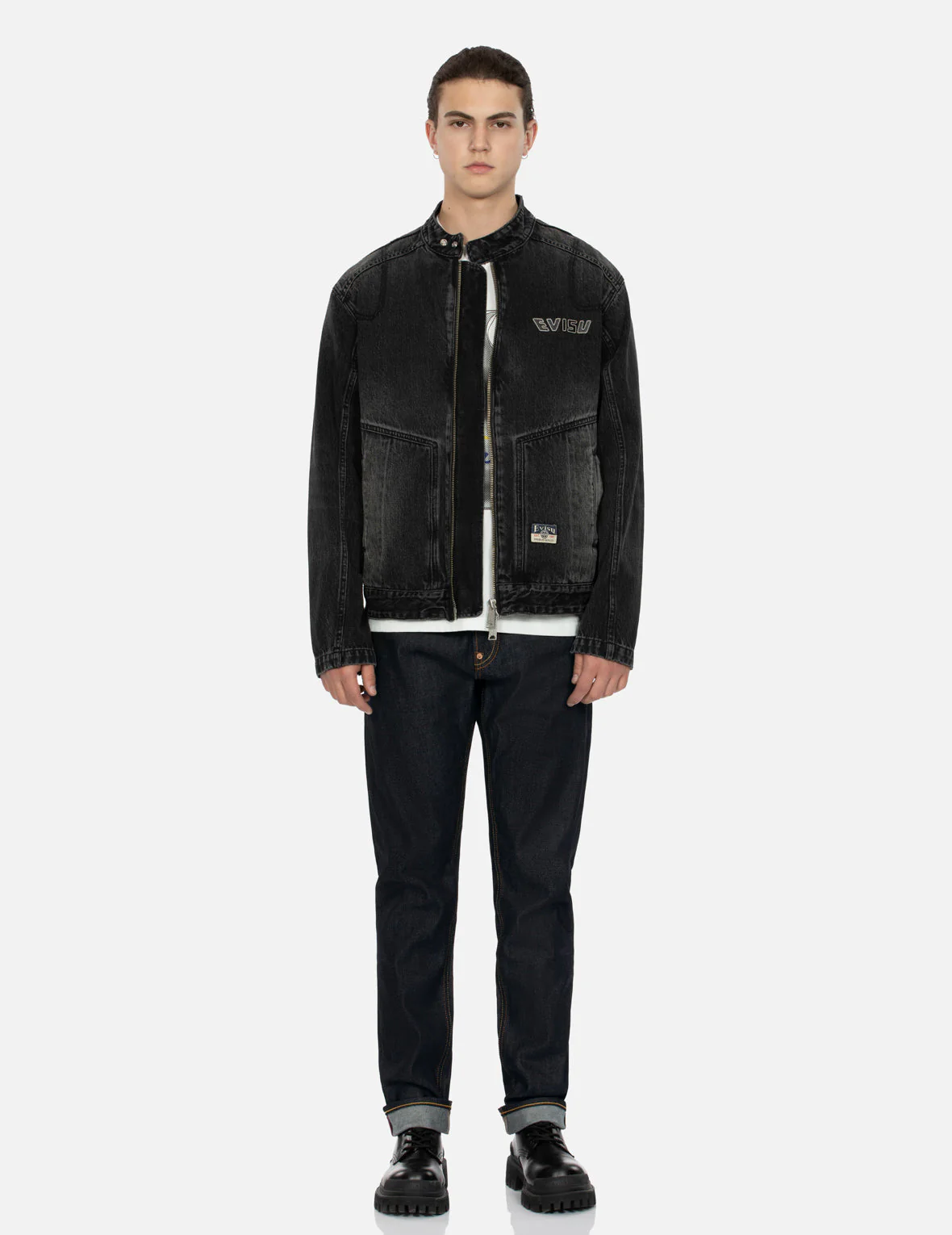 Godhead Print Relax Fit Biker Denim Jacket - Image 6