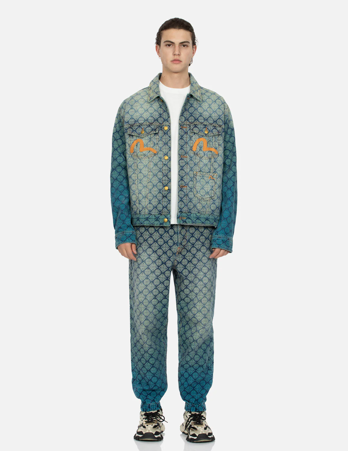 Gradient Allover Kamon Jacquard and Seagull Embrodiery Relax Fit Denim Jacket - Image 5