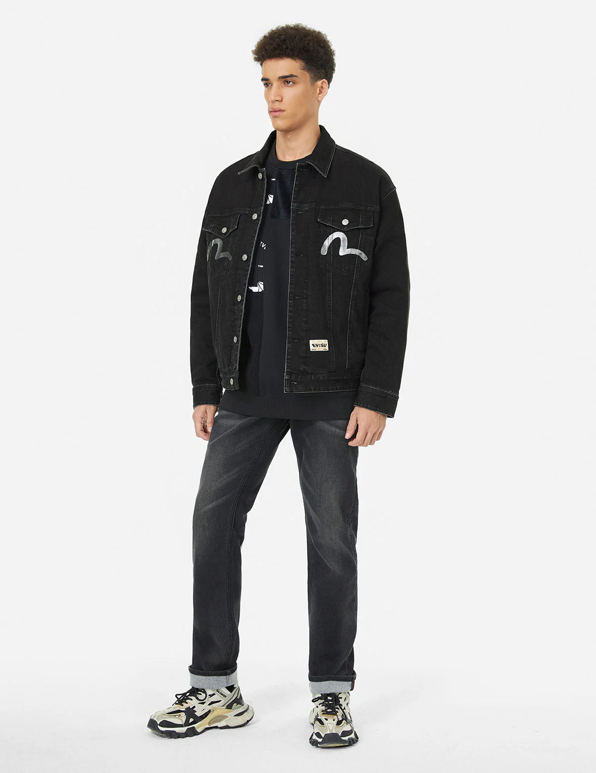 Graffiti-Style Daicock Print Loose Fit Denim Jacket - Image 4