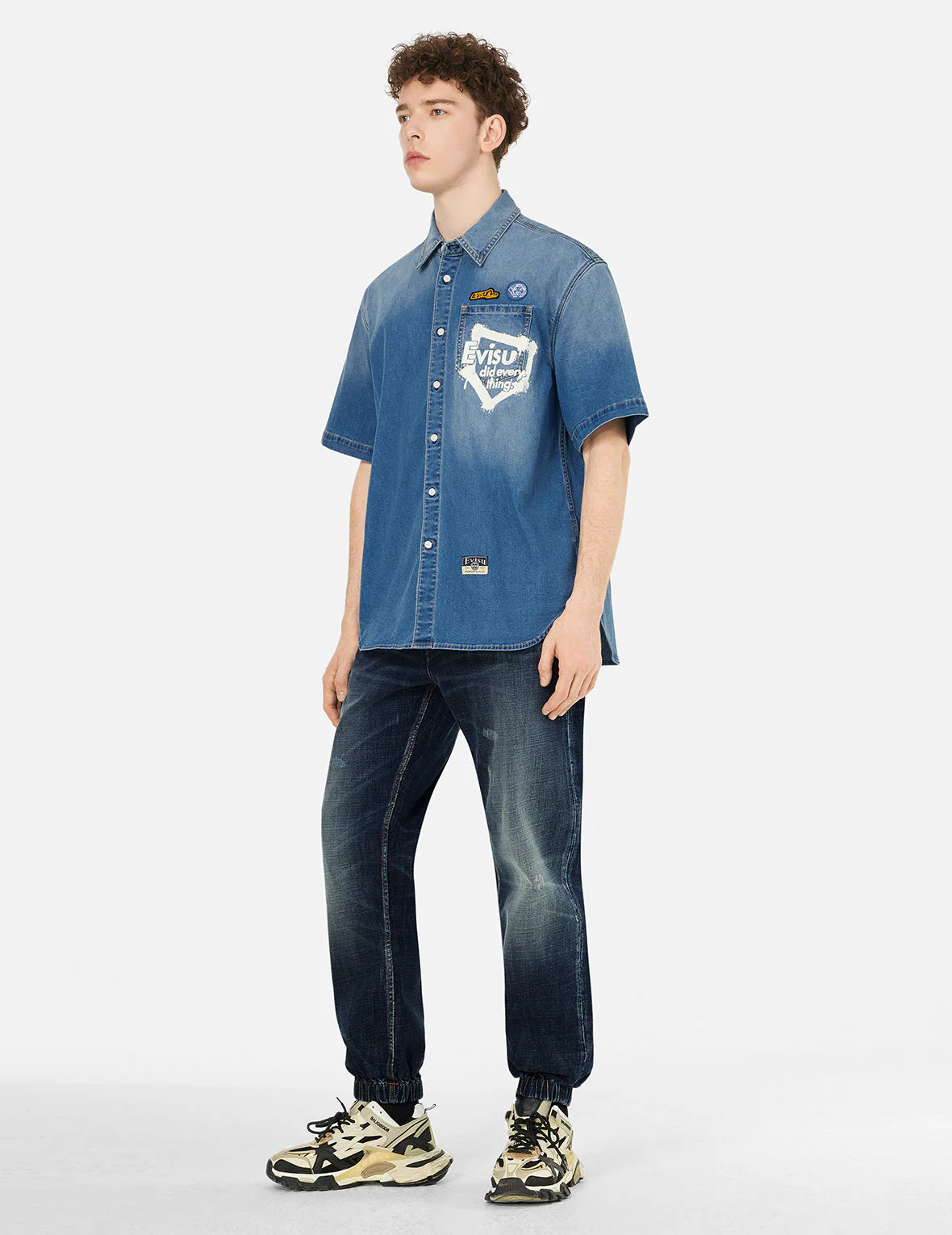 Graffiti-Style Seagull and Logo Print Straight Fit Denim Joggers - Image 3