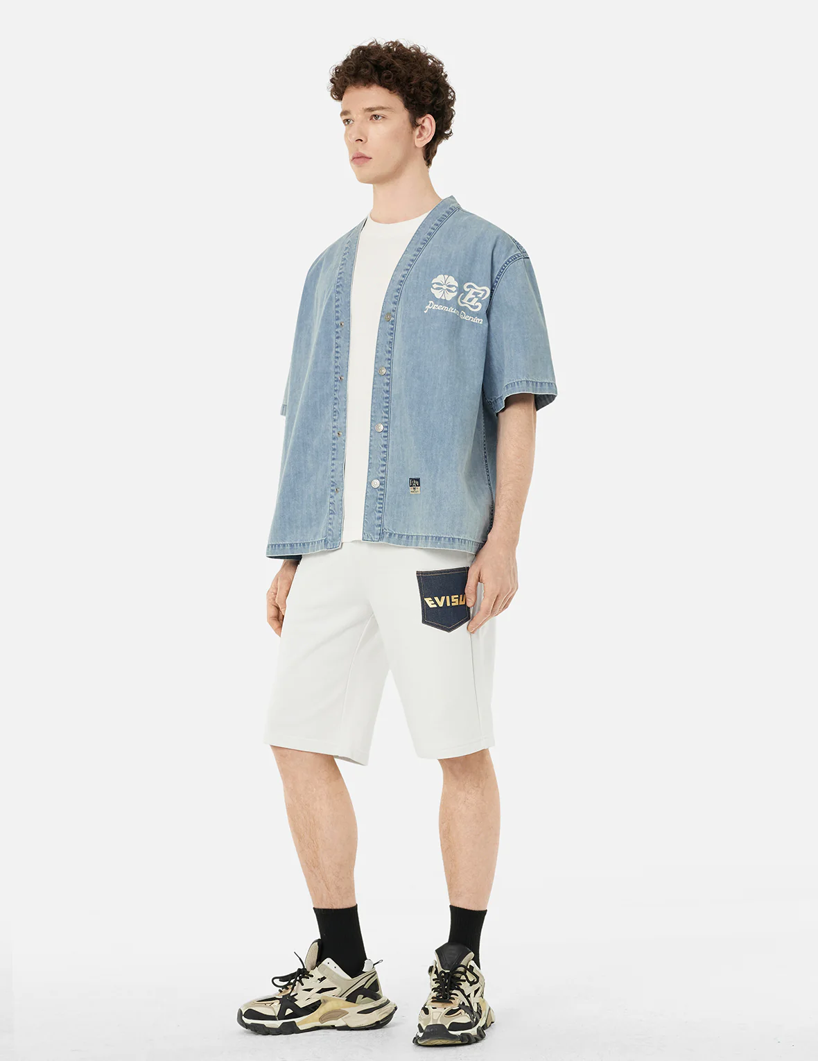Hakutaku and Logo Print Fashion Fit Denim Baseball Shirt - Image 3