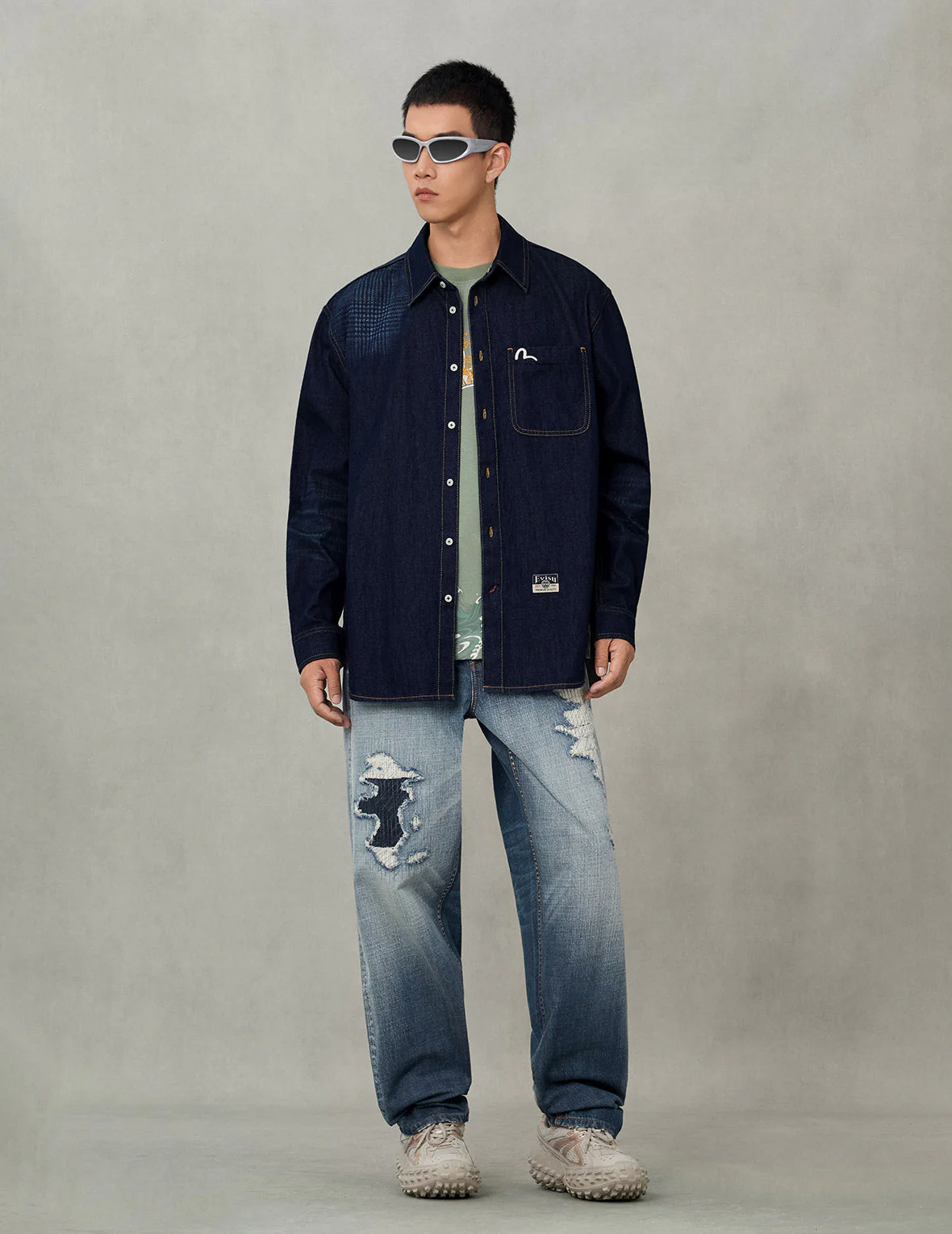 Handbrush Houndstooth Print Relax Fit Denim Shirt - Image 5
