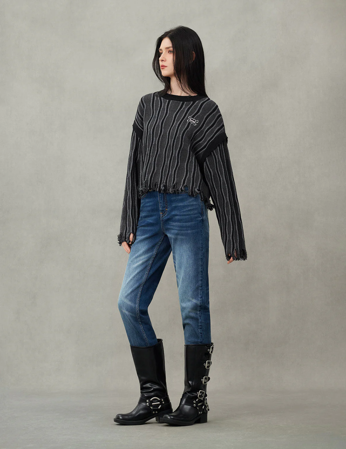 Hollow Fuzzy Cat and Seagull Embroidery Relax Fit Jeans - Image 5
