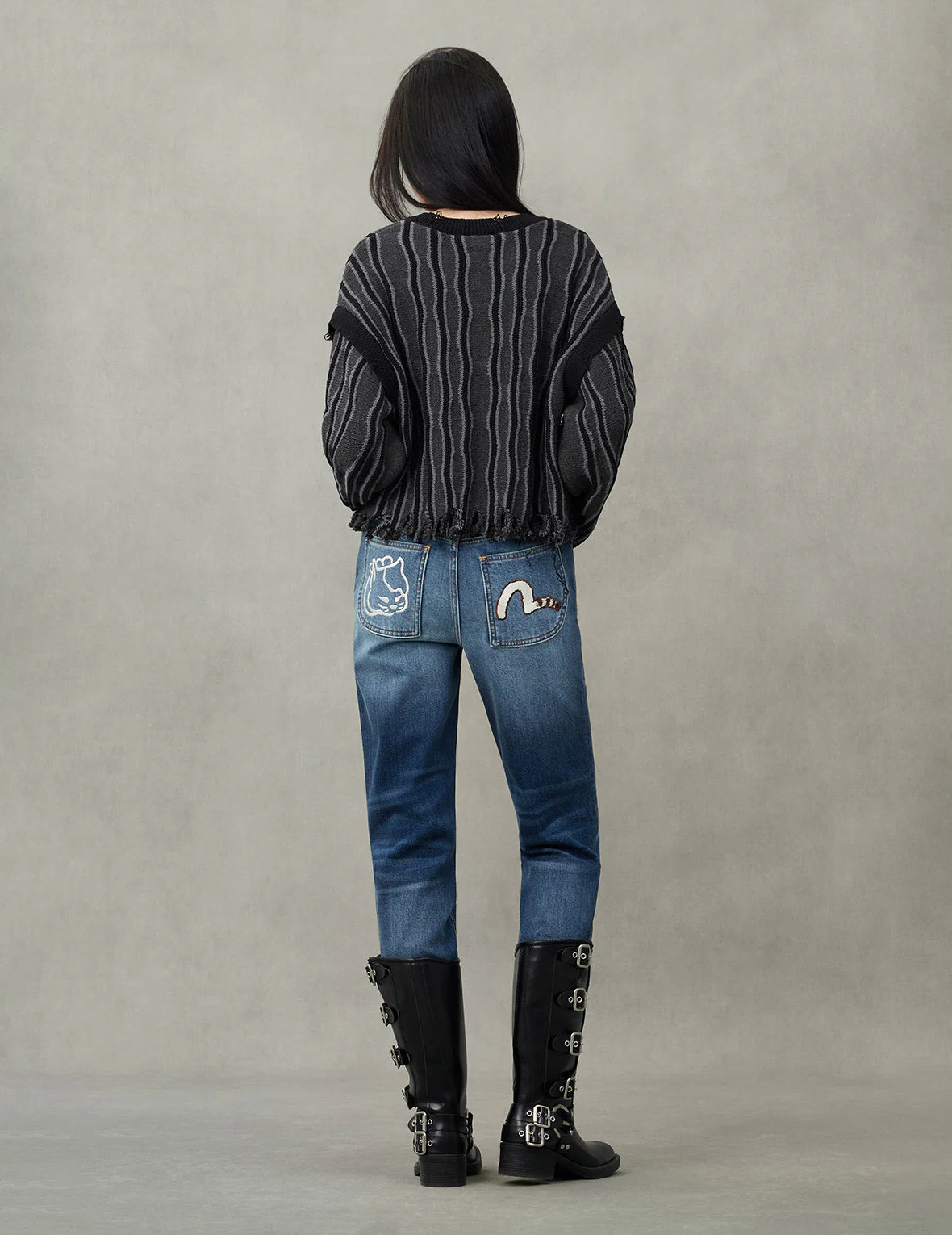 Hollow Fuzzy Cat and Seagull Embroidery Relax Fit Jeans - Image 6