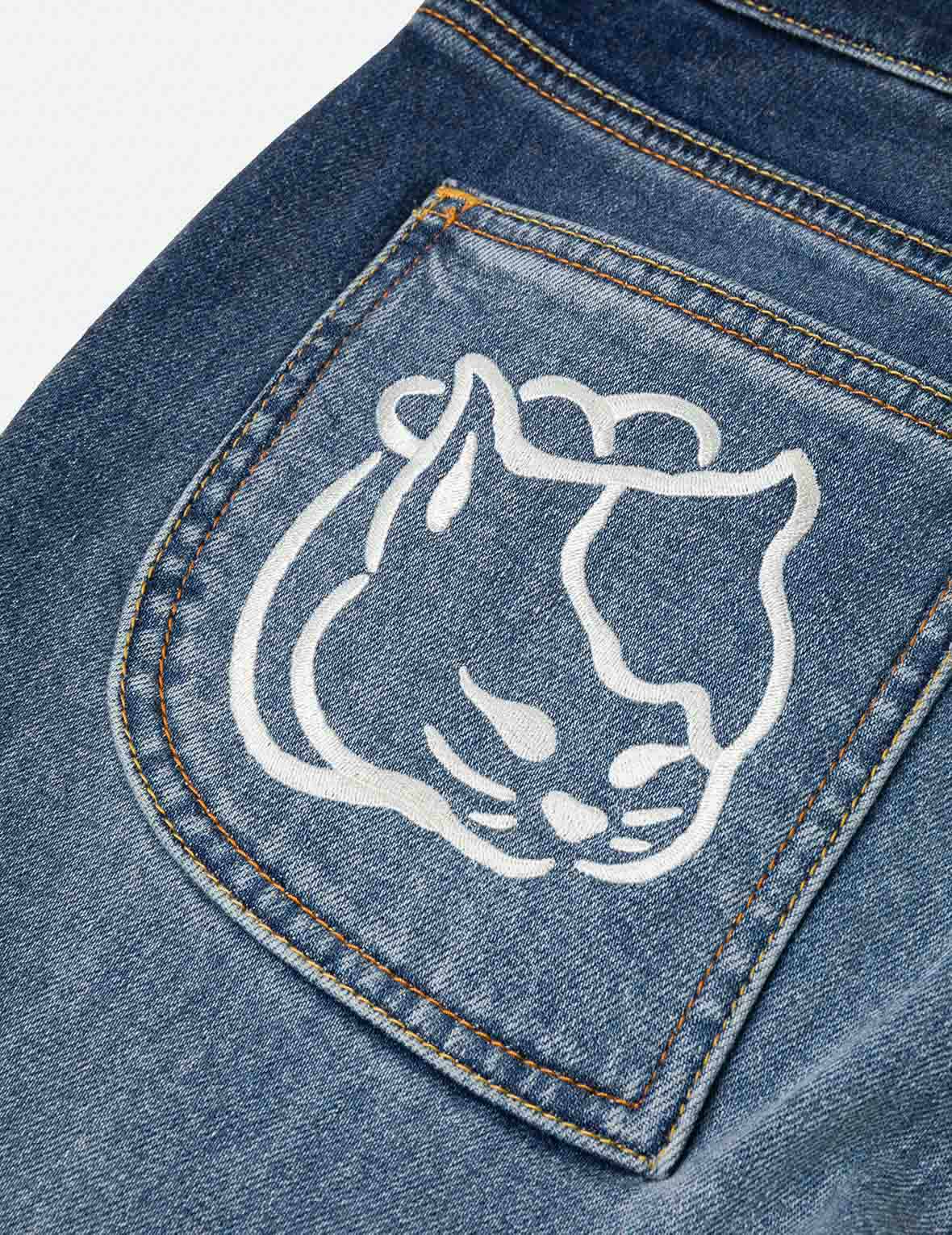 Hollow Fuzzy Cat and Seagull Embroidery Relax Fit Jeans - Image 8