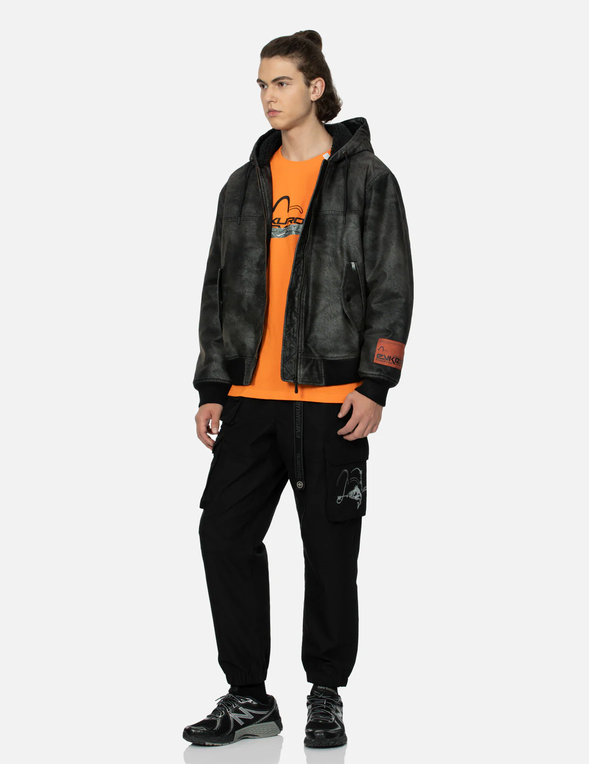 Hooded Grain Pattern Regular Fit Leather Bomber Jacket - Image 3