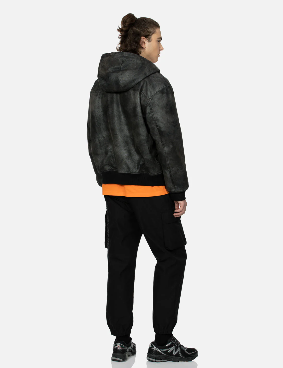 Hooded Grain Pattern Regular Fit Leather Bomber Jacket - Image 4